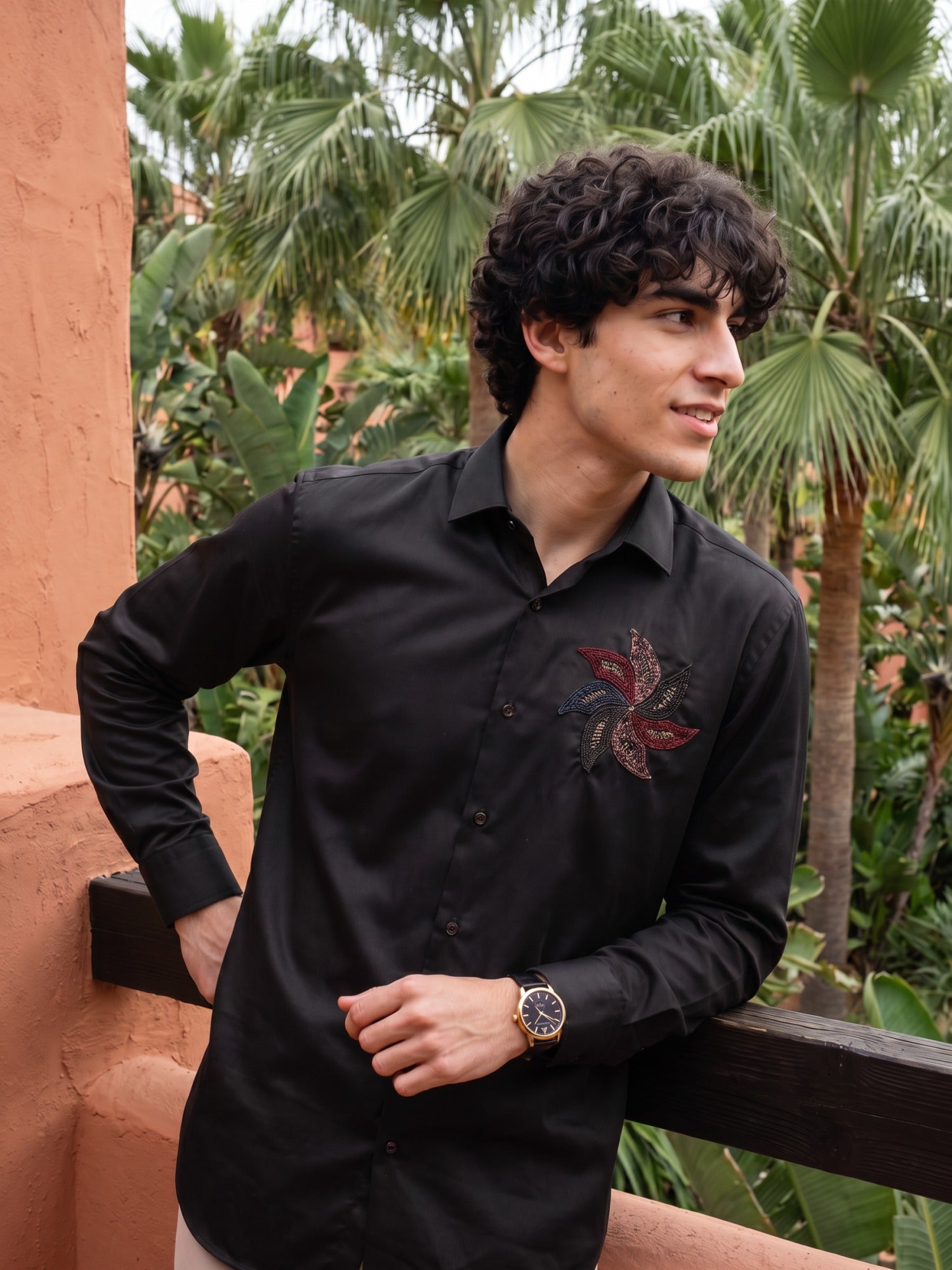 Black Pin Wheel Embroidered Cotton Slim Fit Shirt For Men