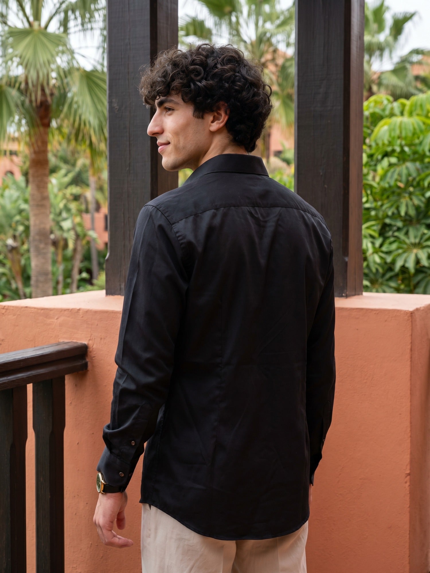 Black Pin Wheel Embroidered Cotton Slim Fit Shirt For Men