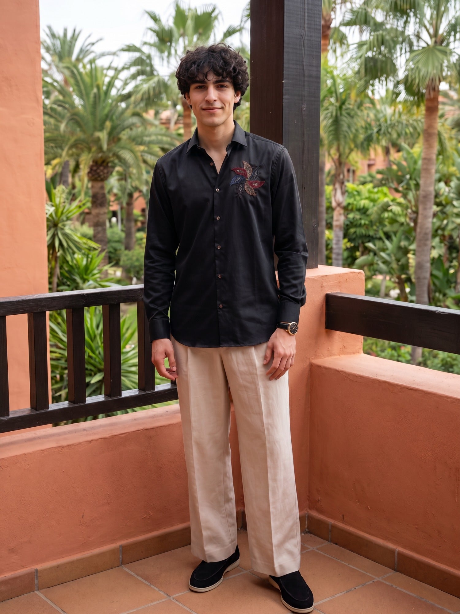 Black Pin Wheel Embroidered Cotton Slim Fit Shirt For Men