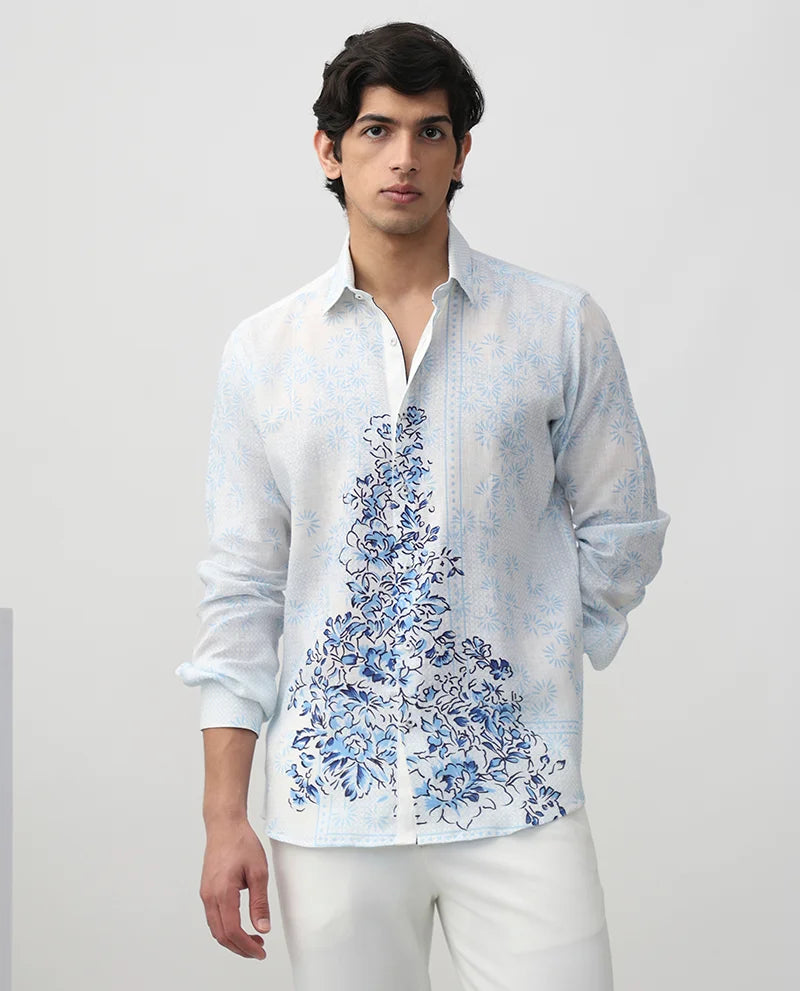 Sky Blue Linen Slim Fit Men's Printed Shirt