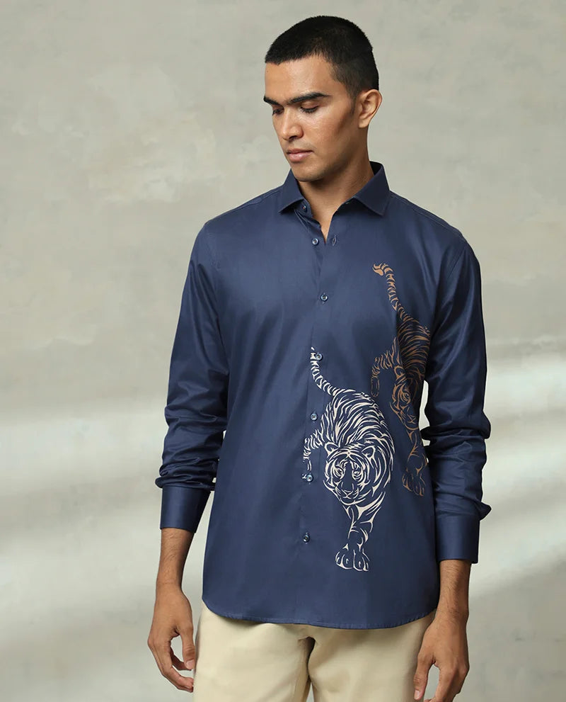 Navy Tiger Printed Luxury Quality Branded Cotton Men's Shirt