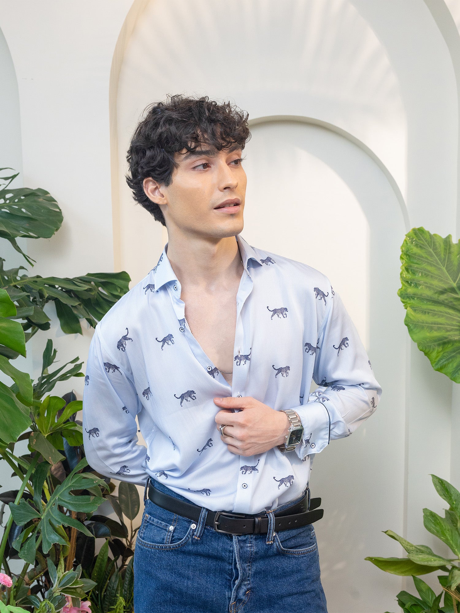 Light Blue Pinstripe Jaguar Motif Full Sleeve Shirt