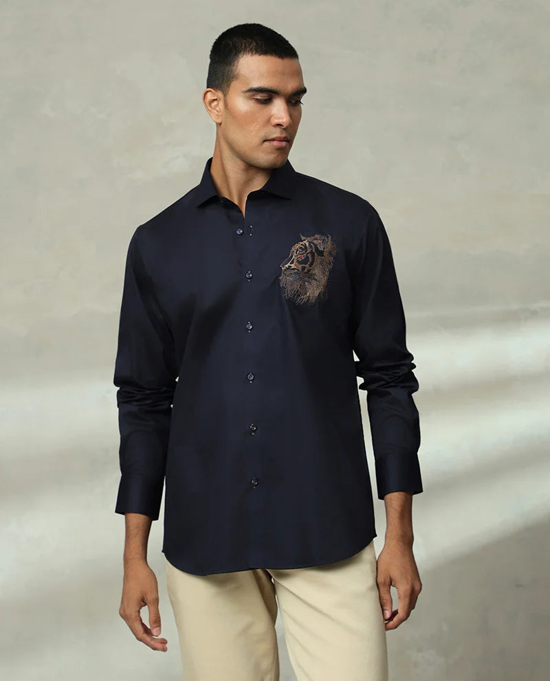 Navy Slim Fit Cutaway Embroidered Men Premium Cotton Shirt India