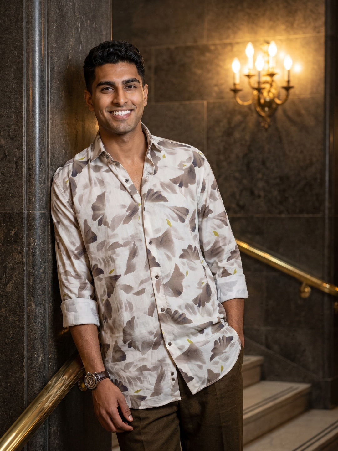 Light Brown Tencel Slim Fit Printed Shirt