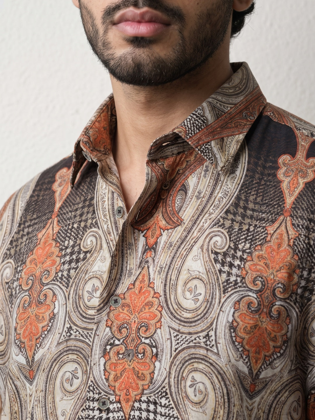 Light Brown Tencel Slim Fit Shirt with Damask Paisley Print