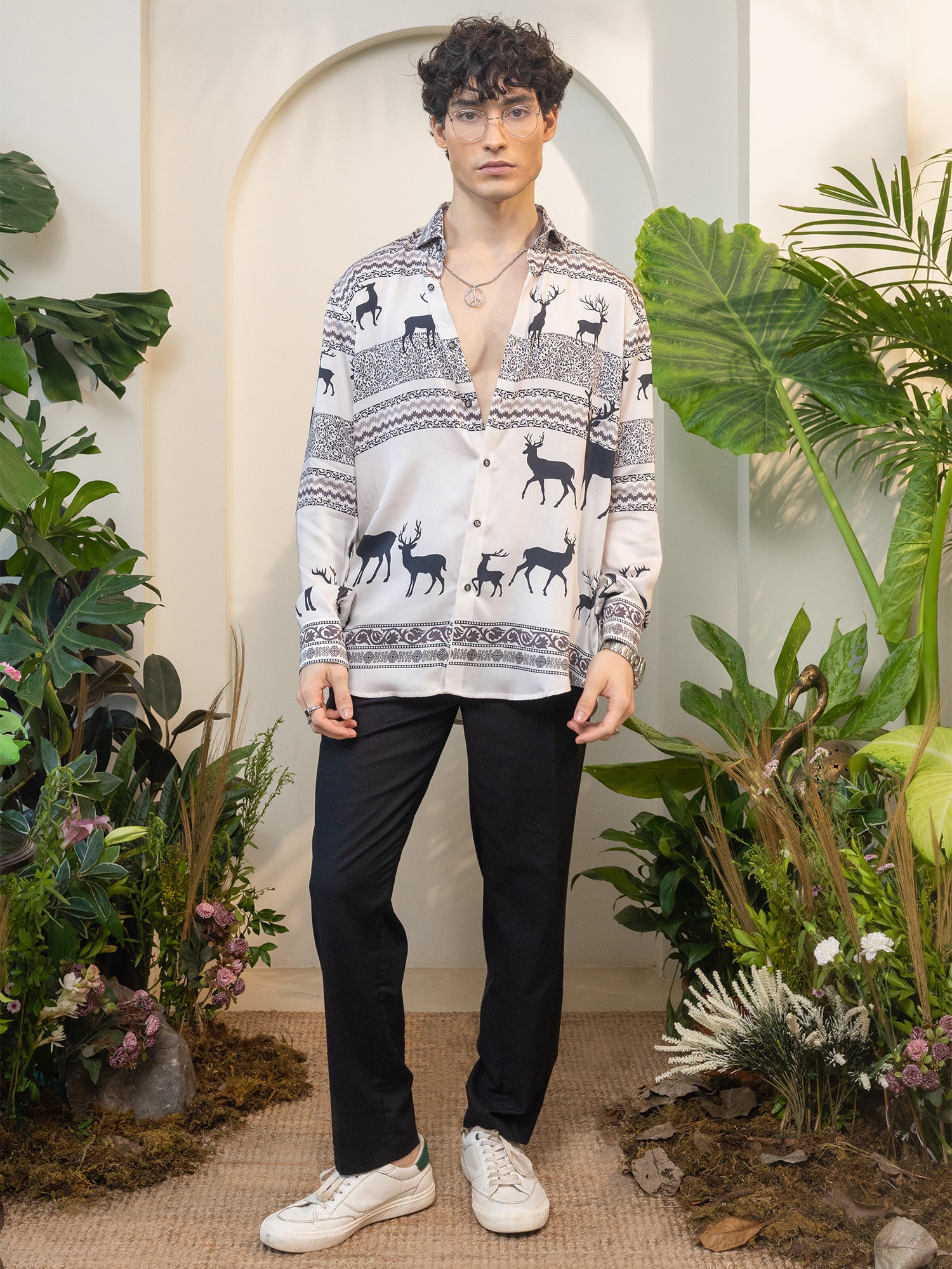 Light Beige Deer Silhouette & Line Pattern Full Sleeve Shirt