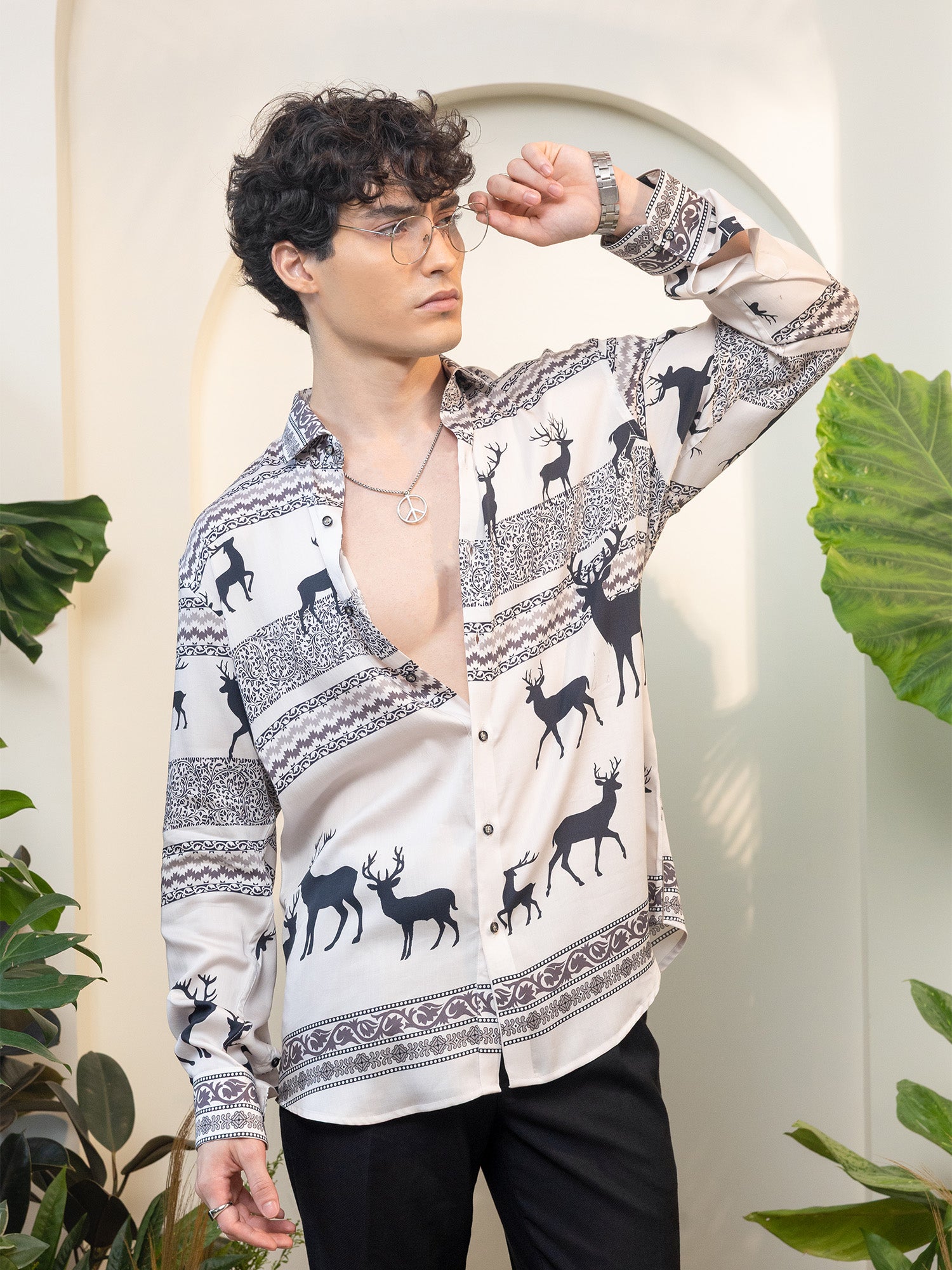 Light Beige Deer Silhouette & Line Pattern Full Sleeve Shirt