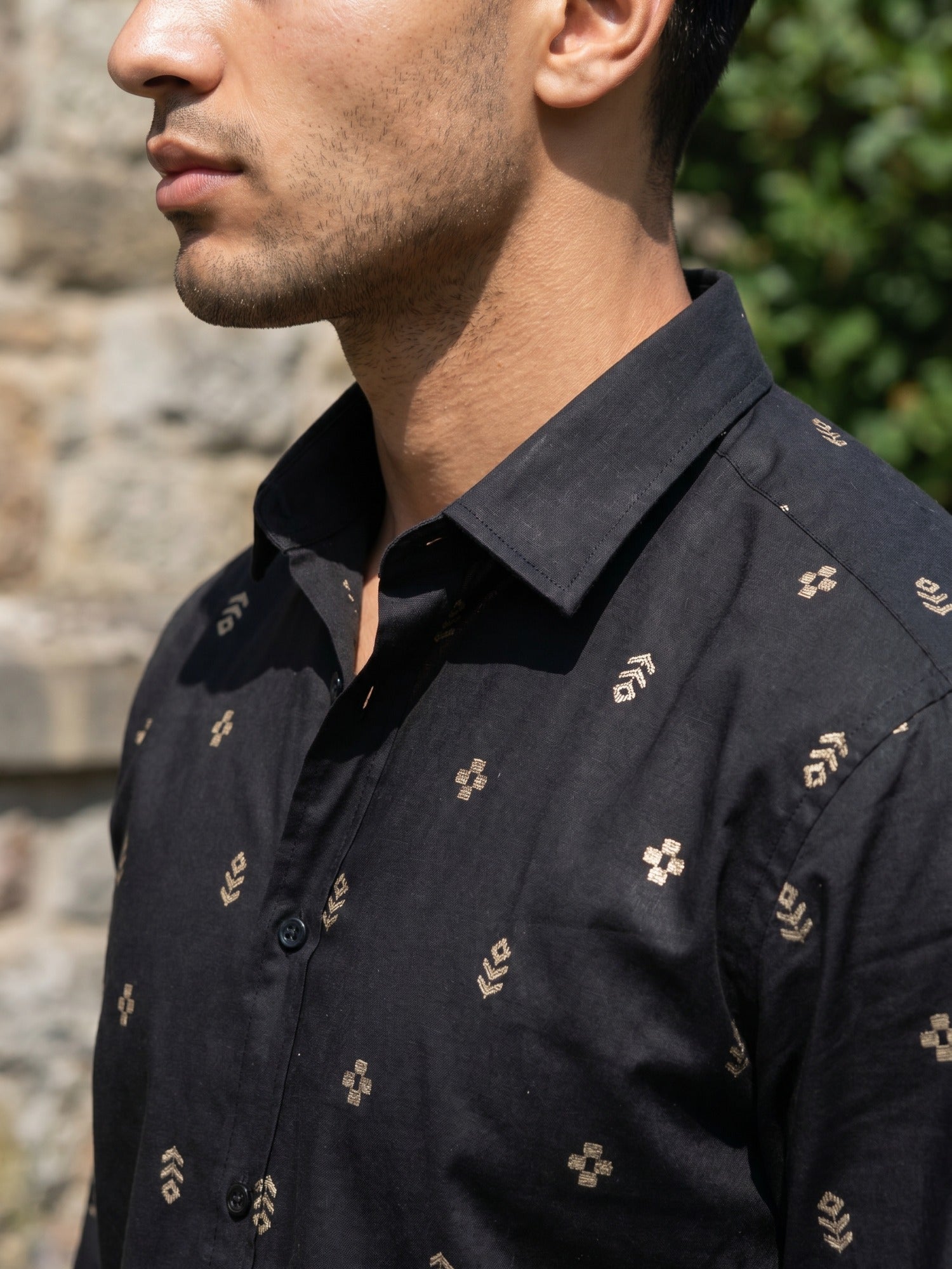 Black Embroidered Cotton Cutaway Collar Shirt For Men
