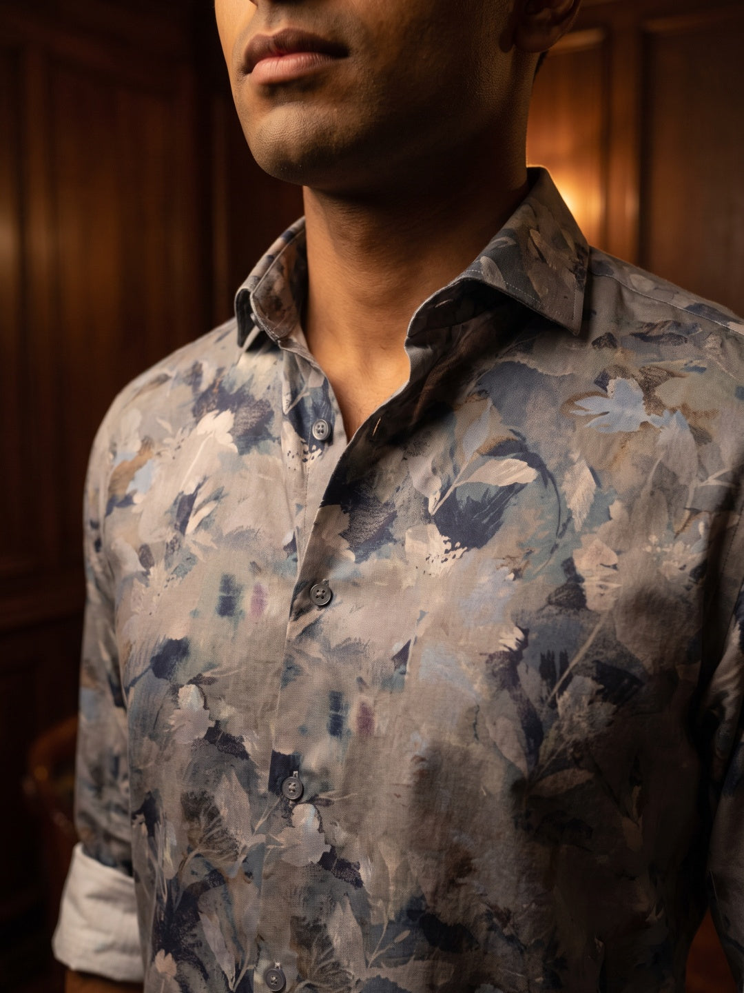 Grey Tencel Slim Fit Printed Shirt