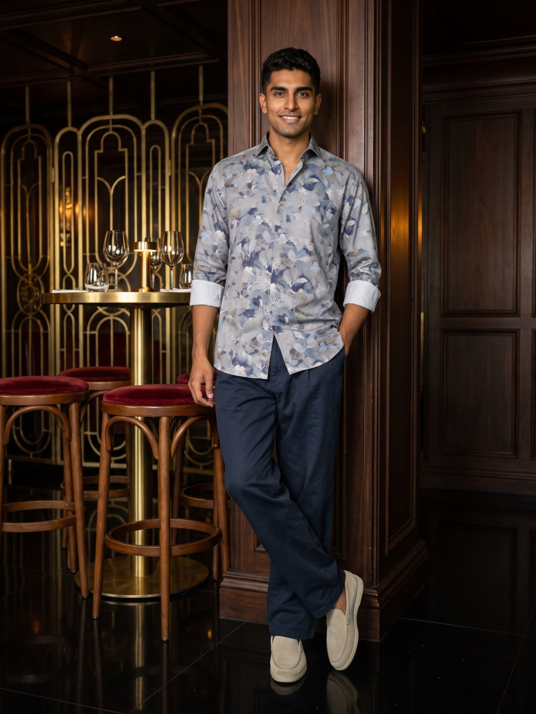 Grey Tencel Slim Fit Printed Shirt