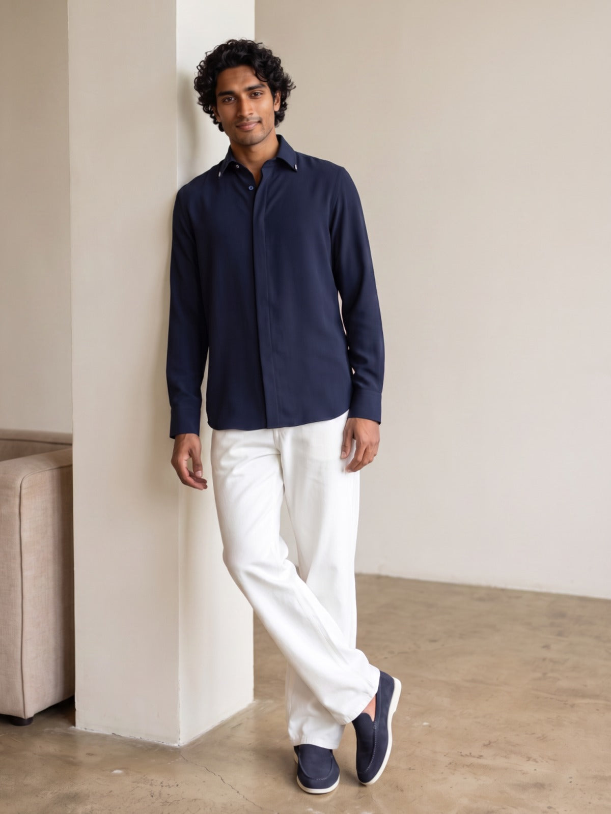 Navy Bomario Slim Fit Plain Shirt