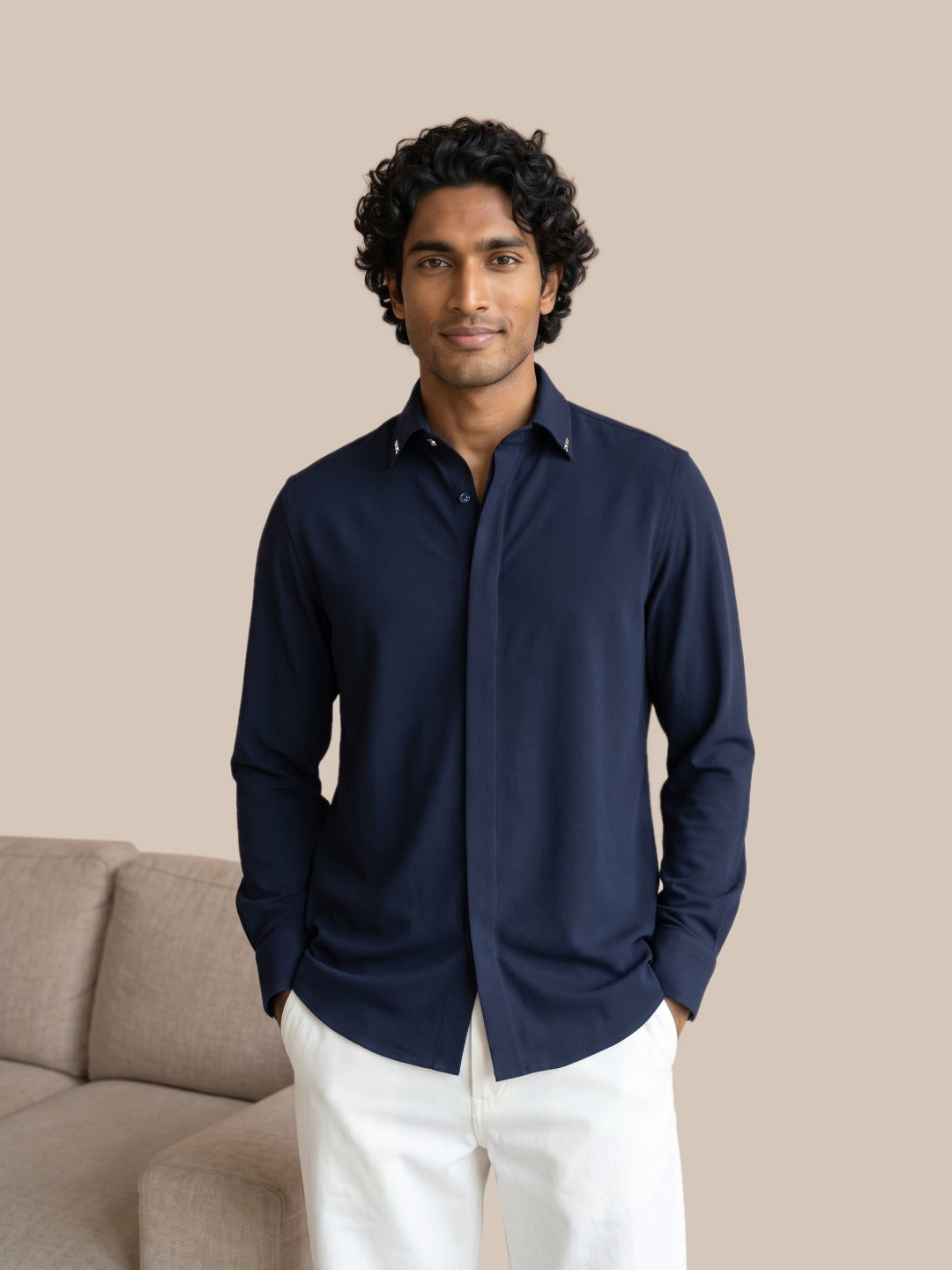 Navy Bomario Slim Fit Plain Shirt