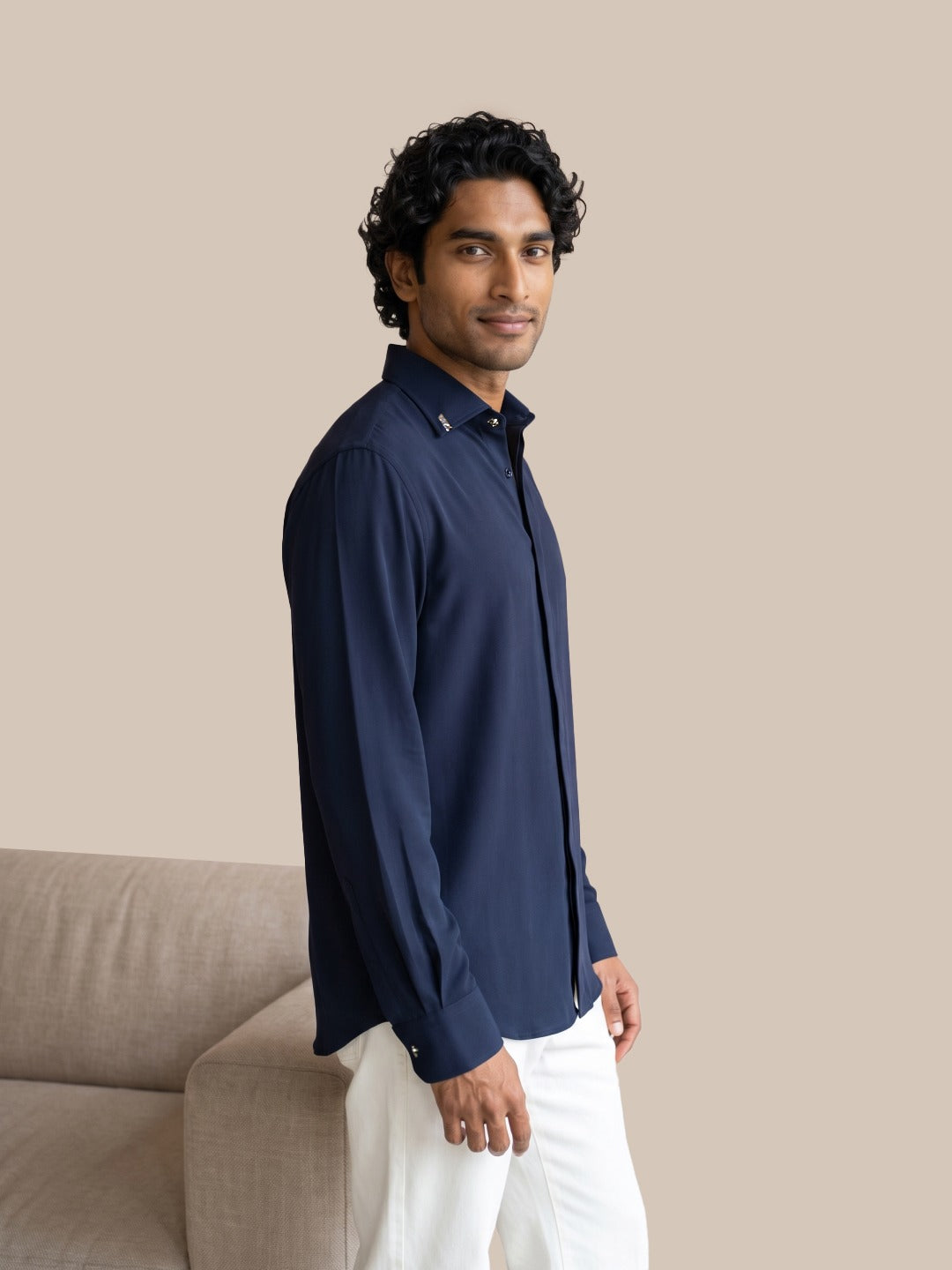 Navy Bomario Slim Fit Plain Shirt
