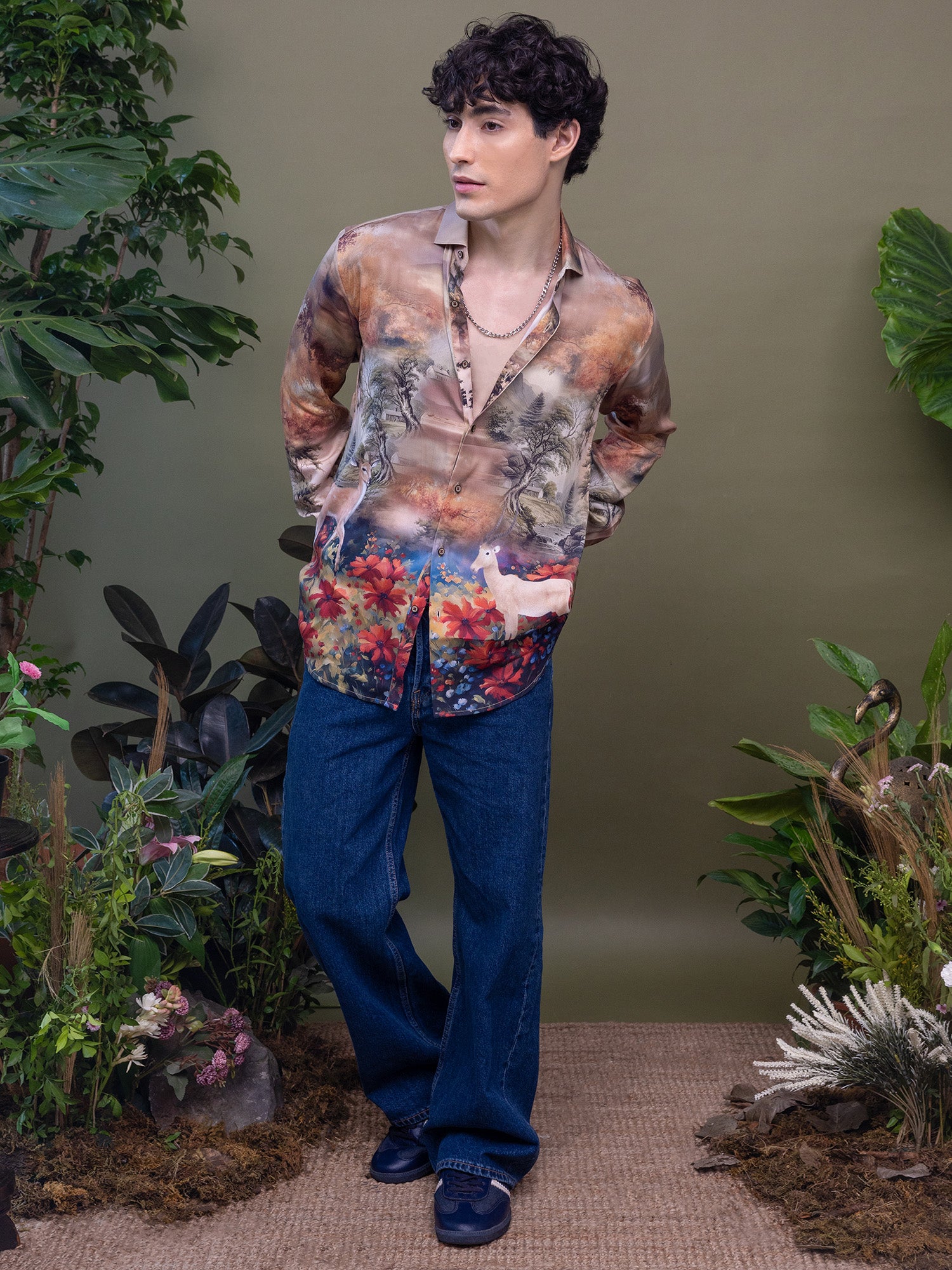 Multi-Colour Deer & Floral Landscape Full Sleeve Shirt