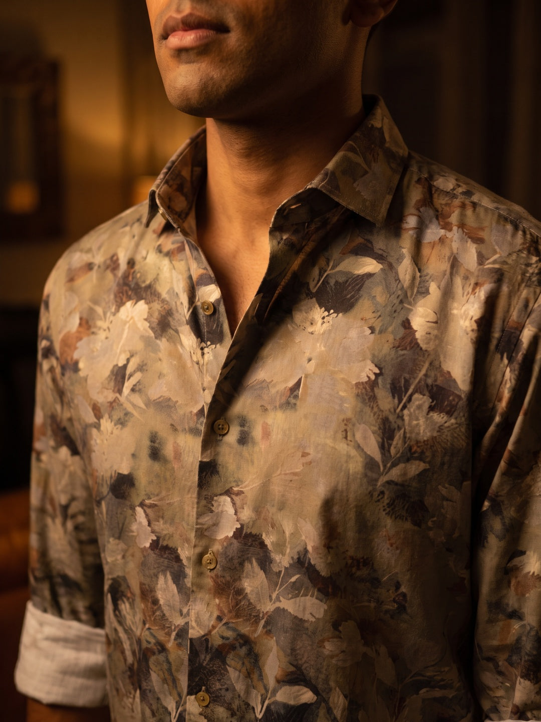 Dark Khaki Tencel Slim Fit Printed Shirt