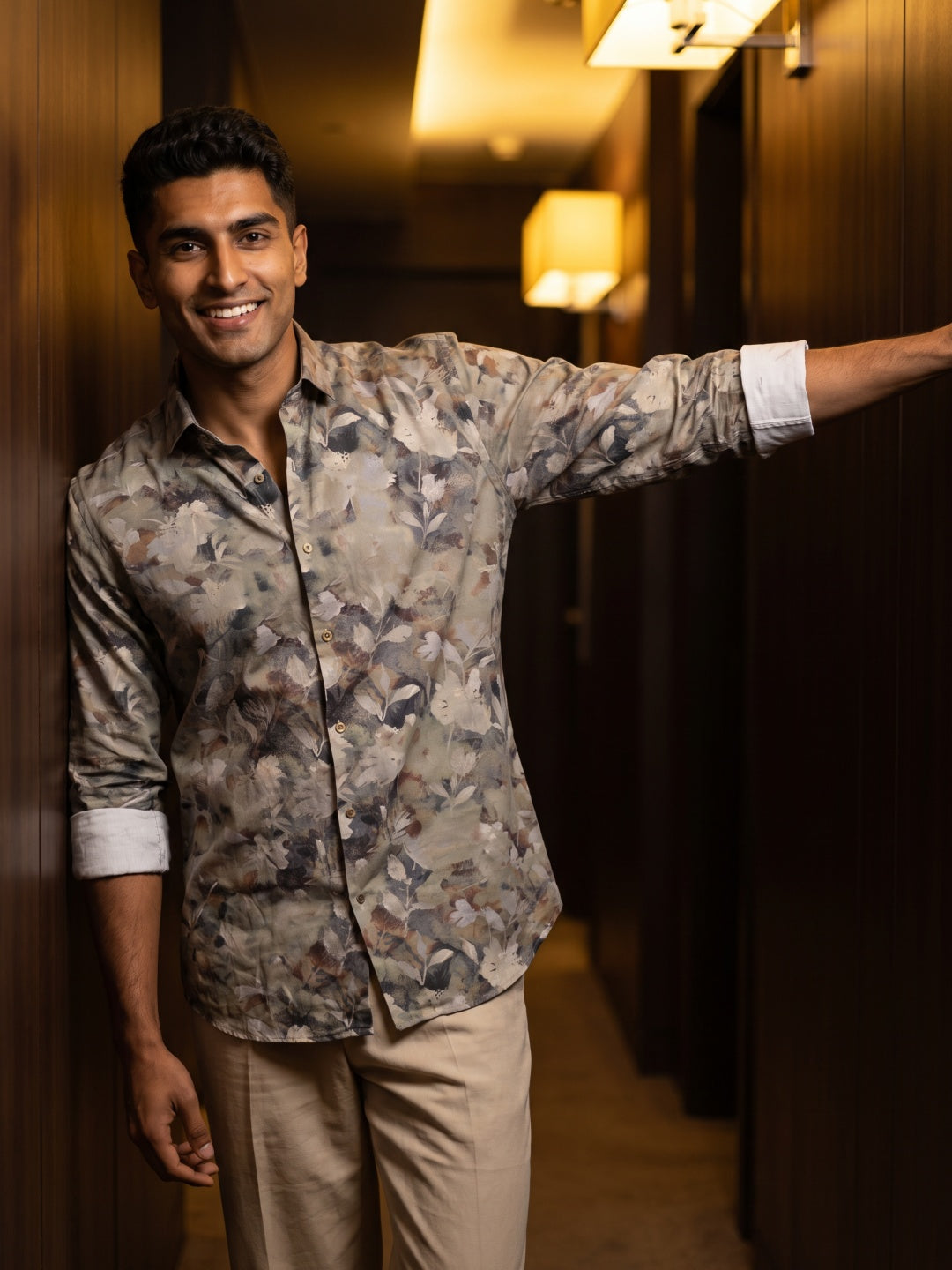 Dark Khaki Tencel Slim Fit Printed Shirt