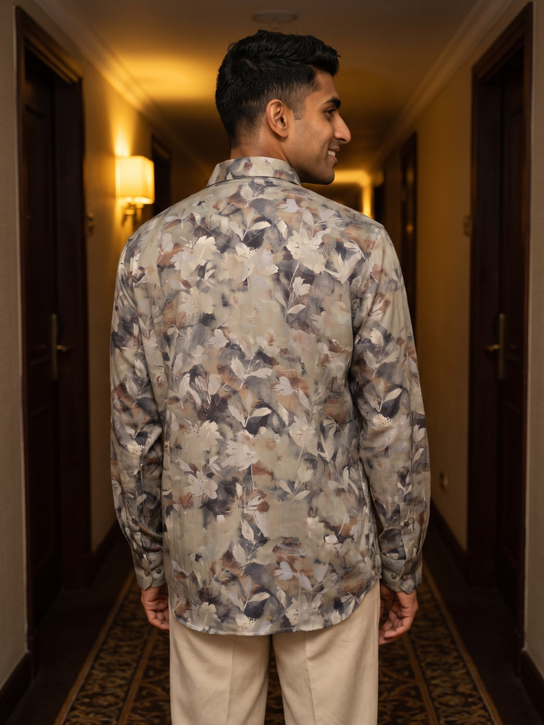 Dark Khaki Tencel Slim Fit Printed Shirt