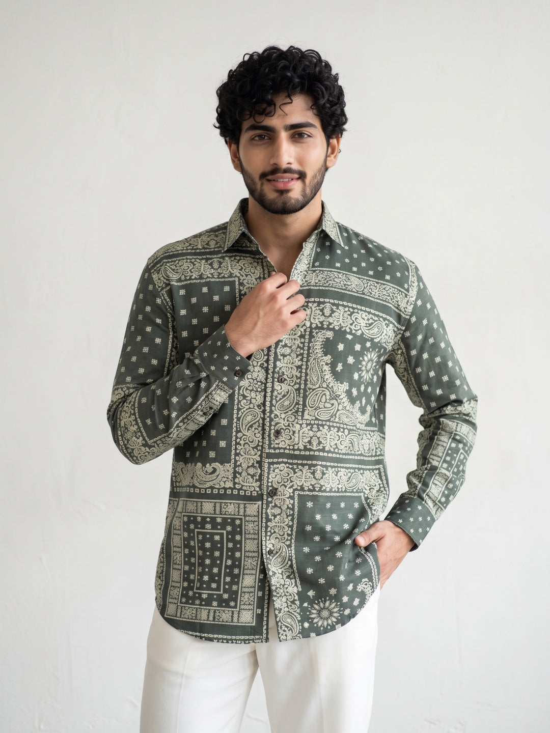 Mehendi Tencel Slim Fit Shirt with Bandana Patchwork Print
