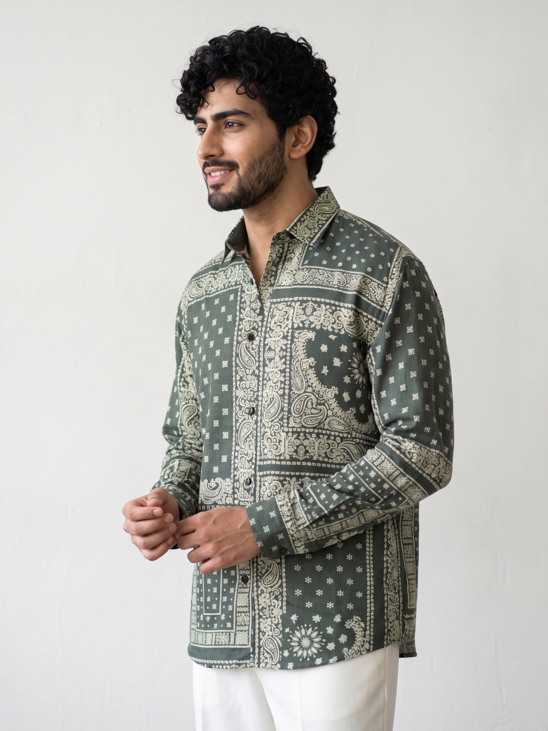 Mehendi Tencel Slim Fit Shirt with Bandana Patchwork Print