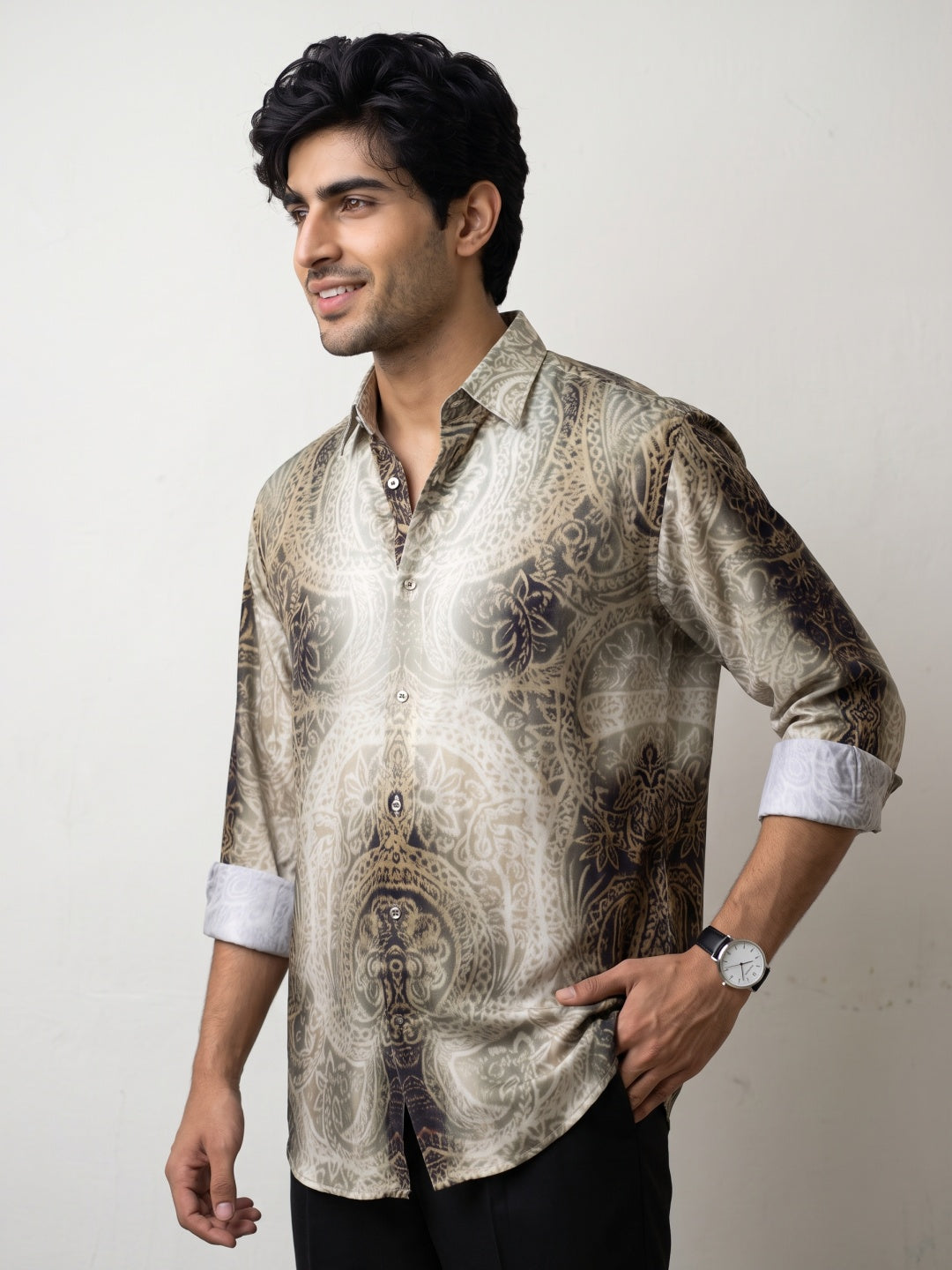 Beige Damask Mandala Design Printed Tencel Slim Fit Shirt