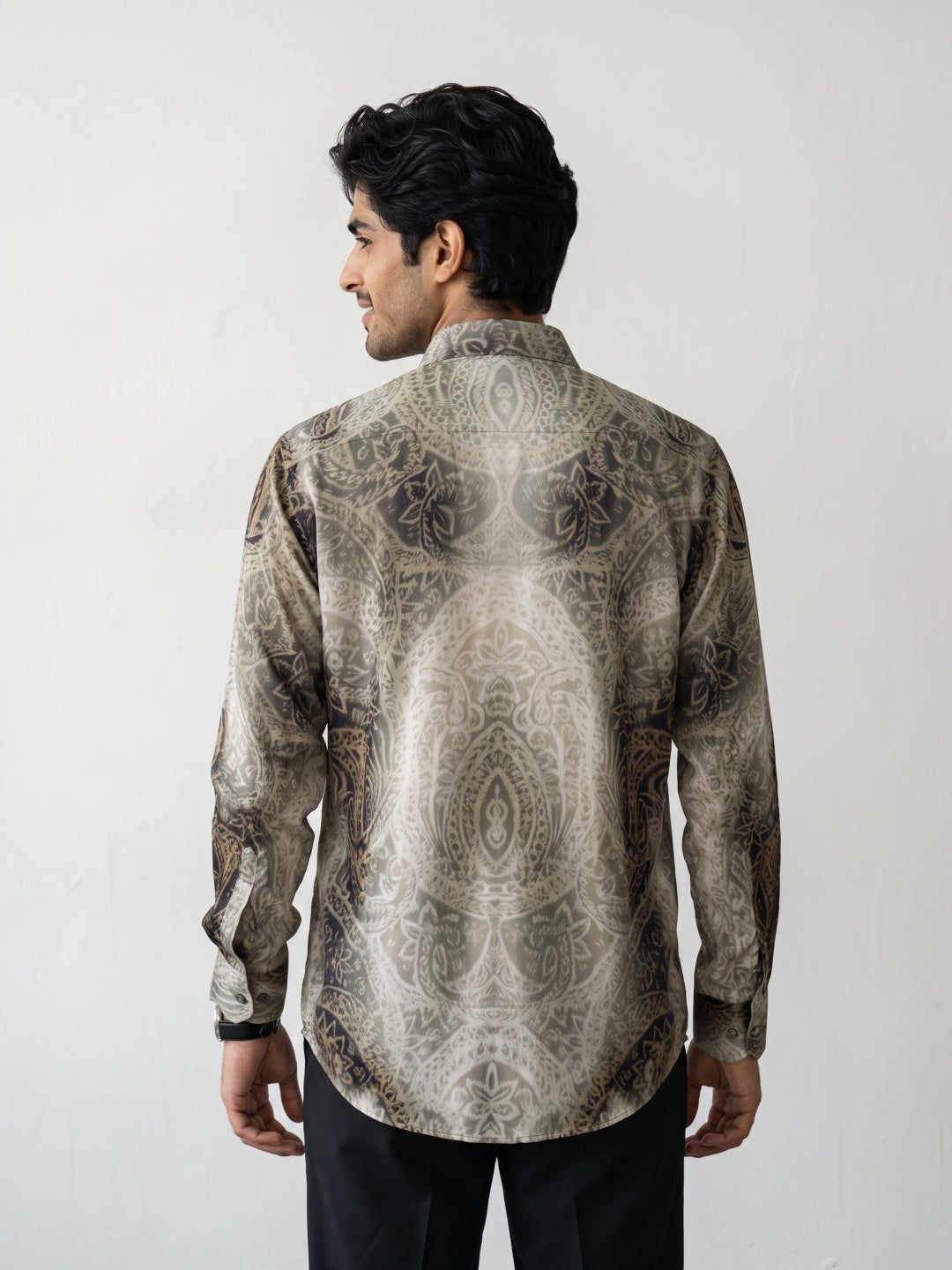 Beige Damask Mandala Design Printed Tencel Slim Fit Shirt