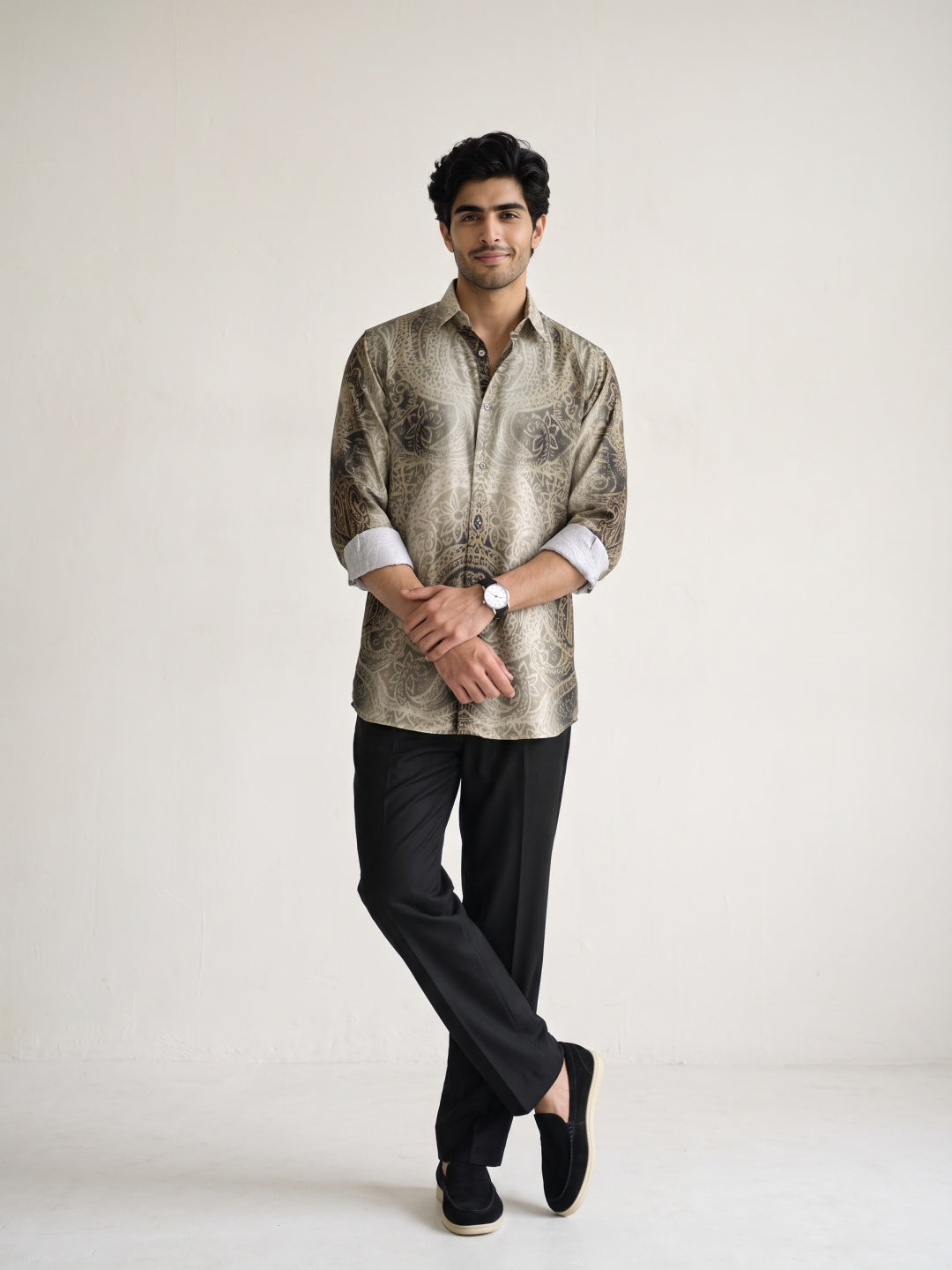 Beige Damask Mandala Design Printed Tencel Slim Fit Shirt