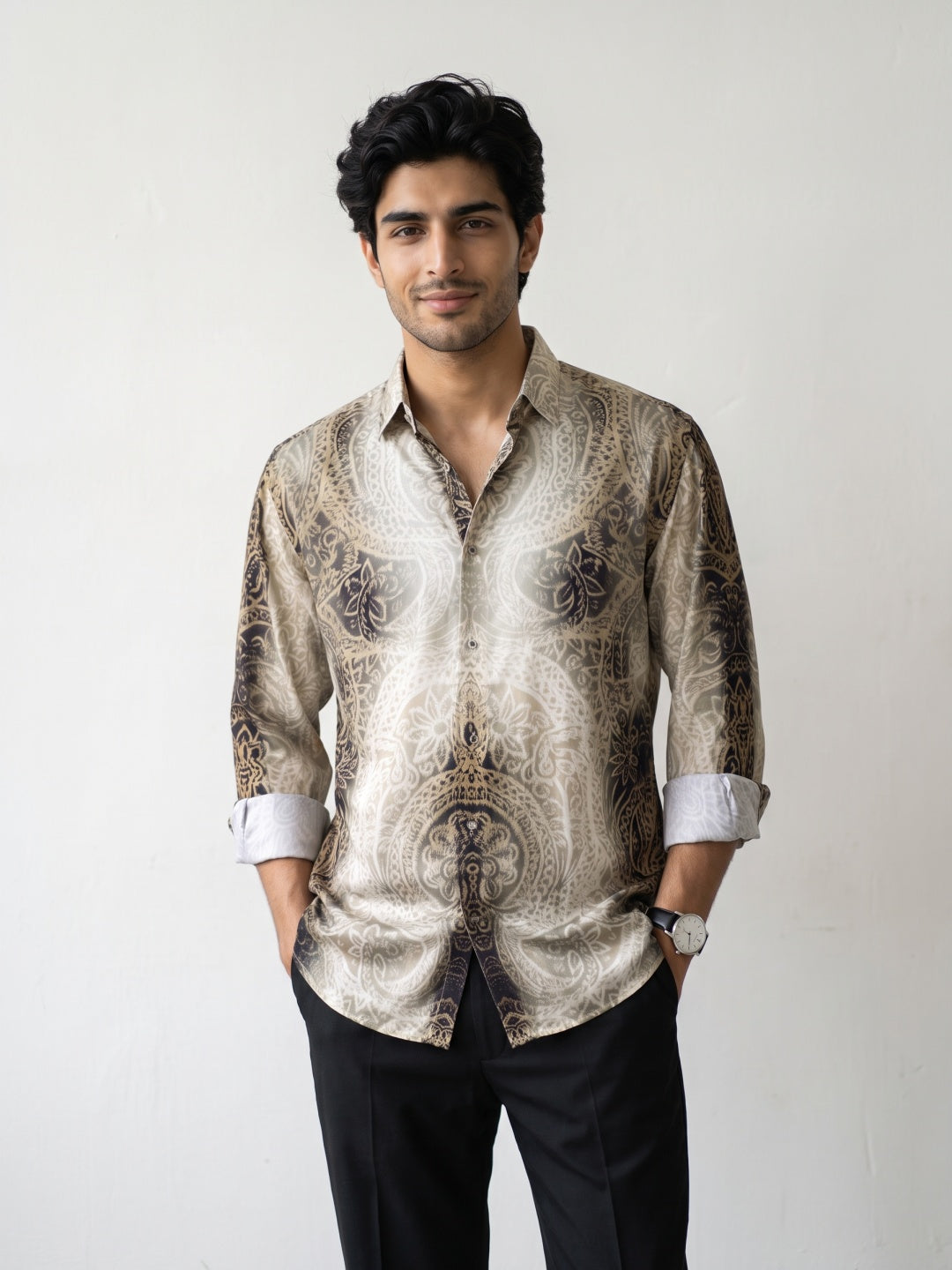 Beige Damask Mandala Design Printed Tencel Slim Fit Shirt