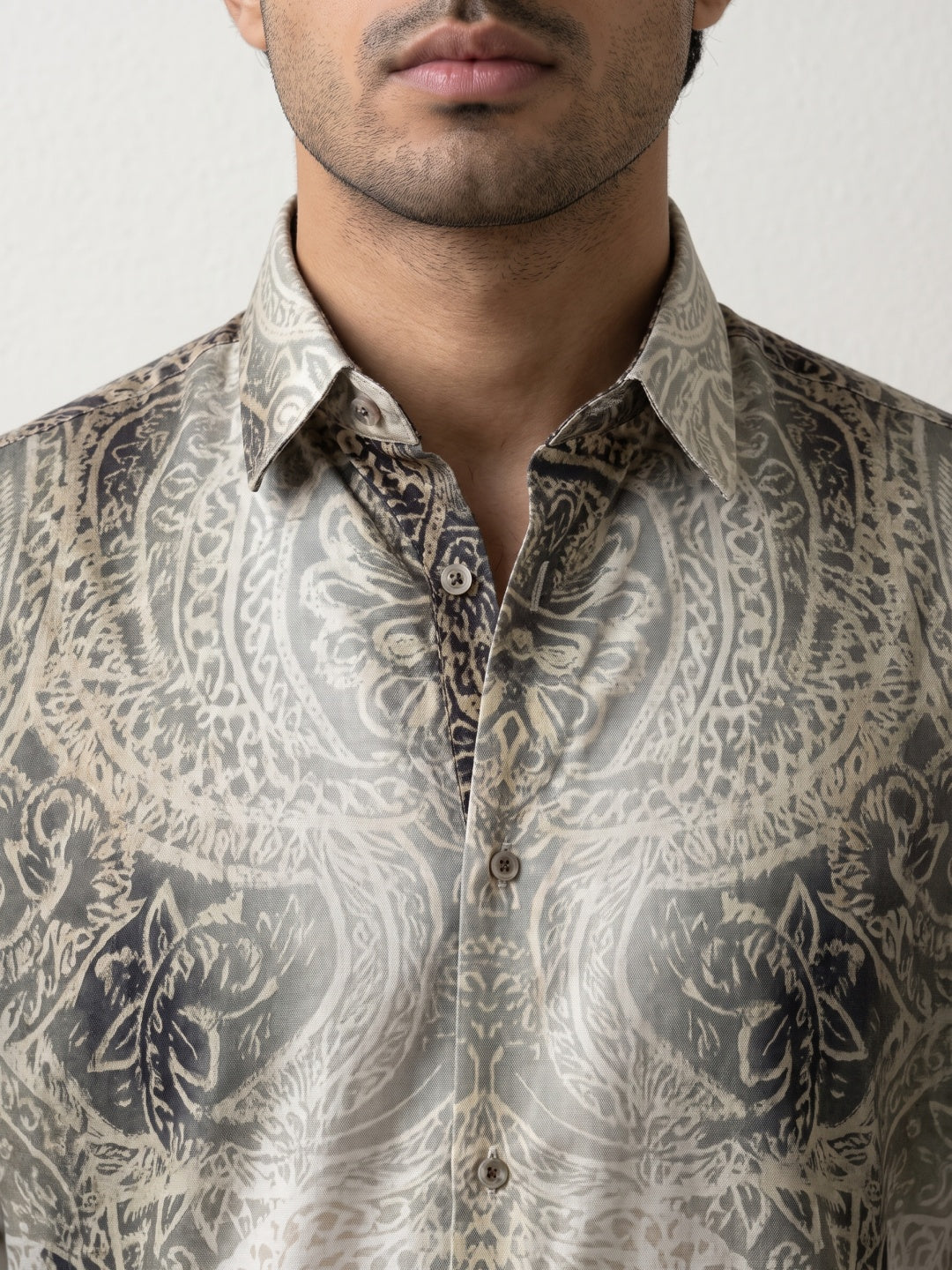 Beige Damask Mandala Design Printed Tencel Slim Fit Shirt
