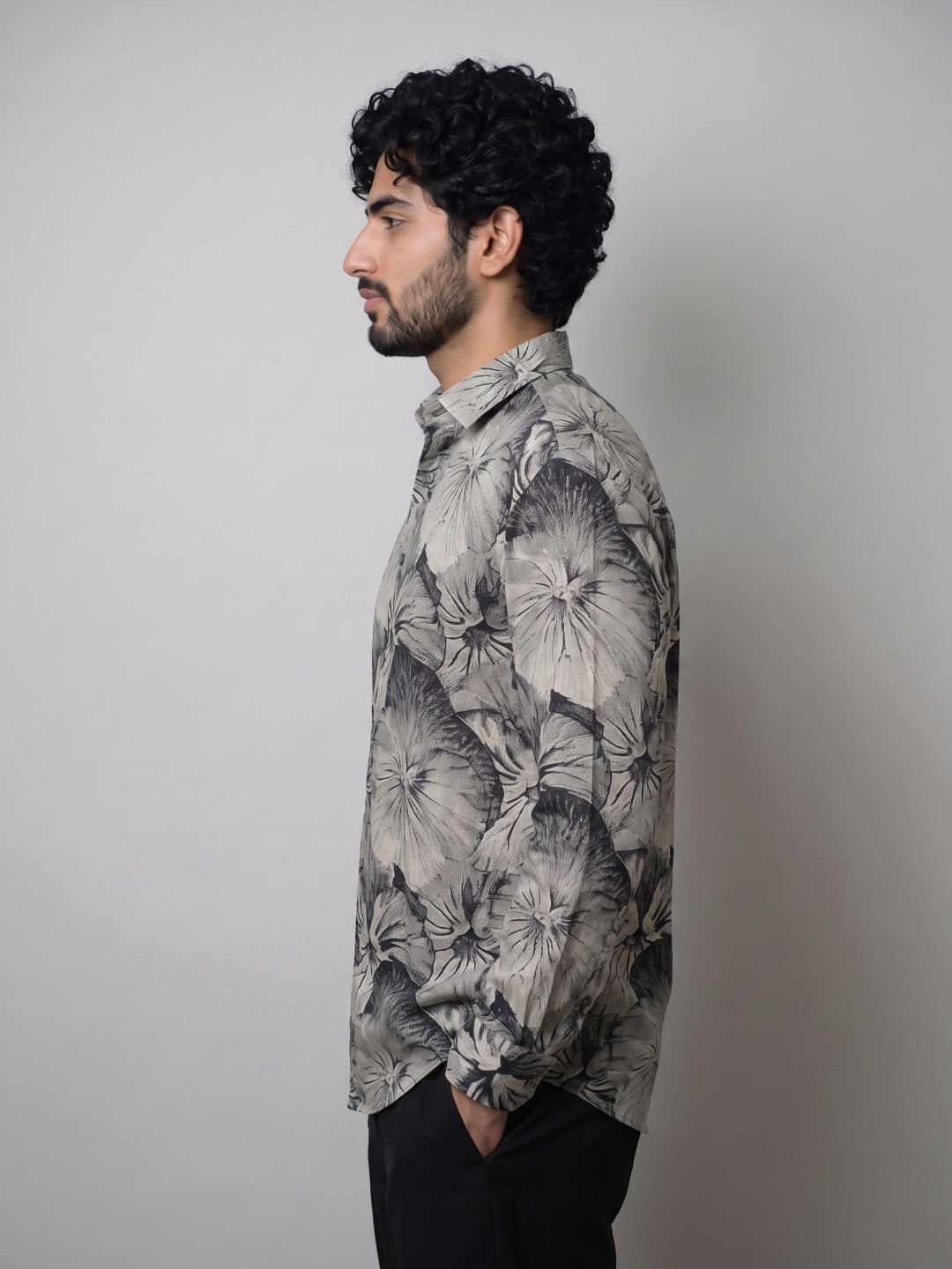 Beige Tencel Slim Fit Shirt with Floral Silhouette Print