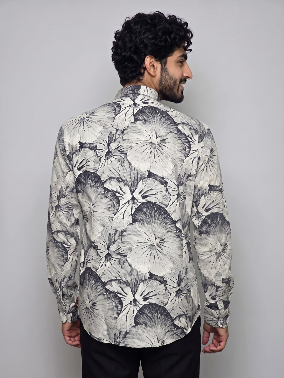 Beige Tencel Slim Fit Shirt with Floral Silhouette Print