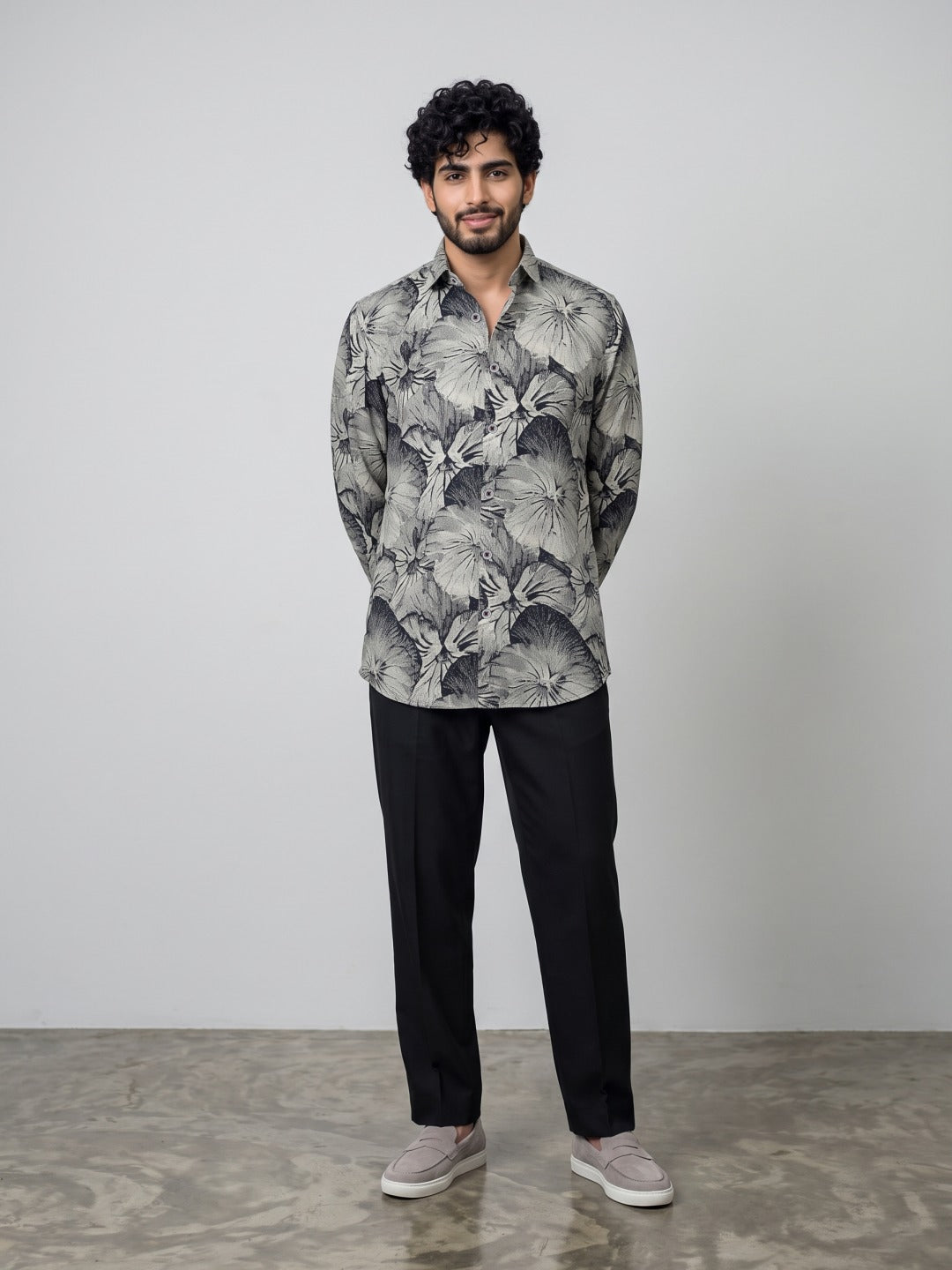 Beige Tencel Slim Fit Shirt with Floral Silhouette Print