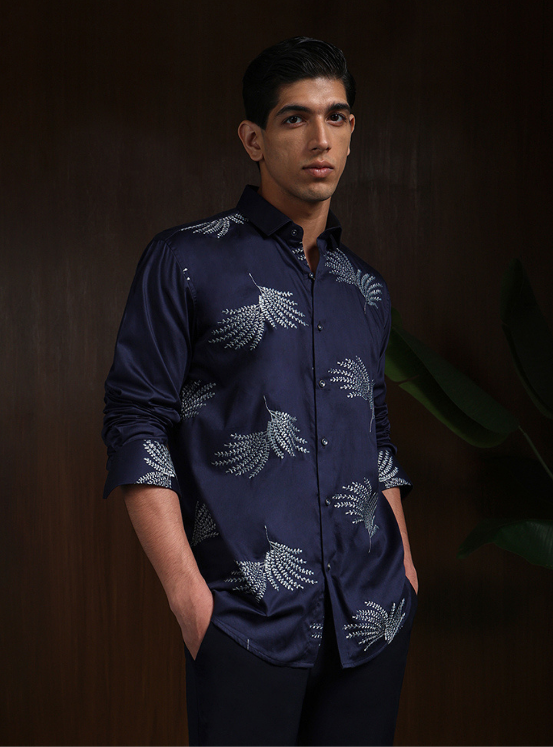 Navy Blue Slim Fit Cotton Shirt with Elegant Embroidery Detailing