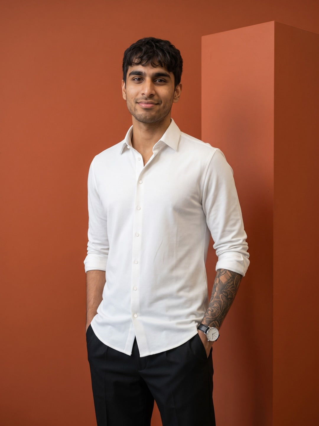 Cream Thai Silk Slim Fit Plain Shirt
