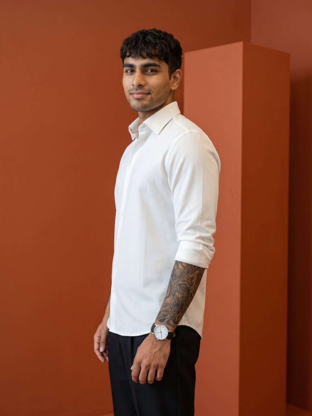 Cream Thai Silk Slim Fit Plain Shirt
