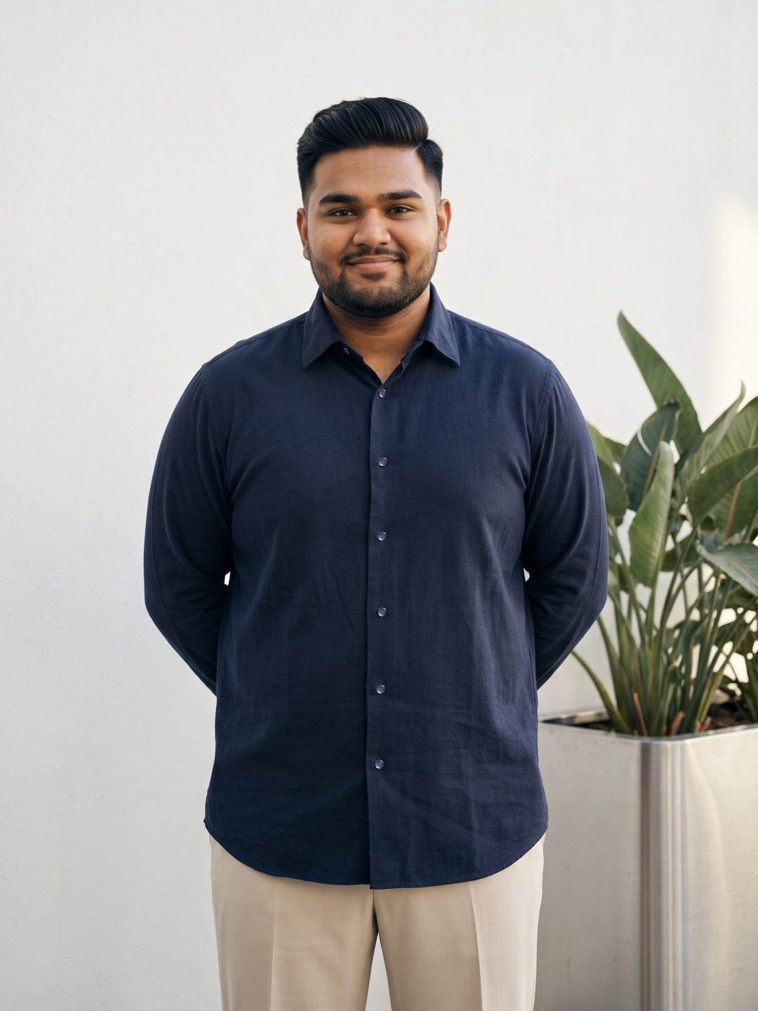 Navy Thai Silk Slim Fit Plain Shirt
