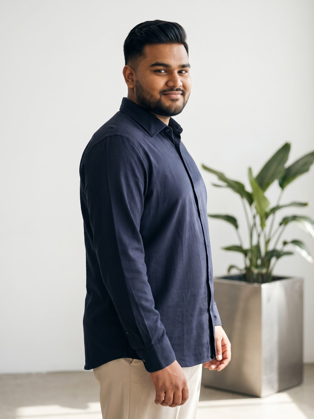Navy Thai Silk Slim Fit Plain Shirt
