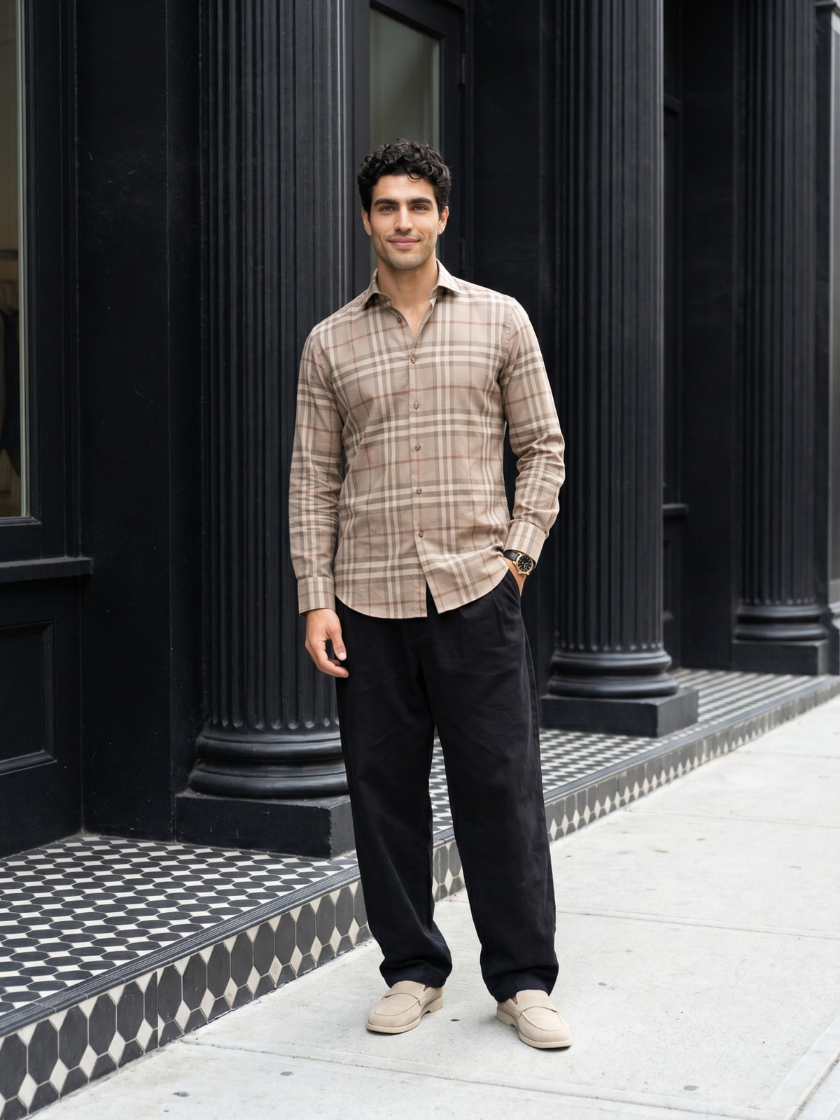 Grey Checks Cotton Slim Fit Shirt For Men