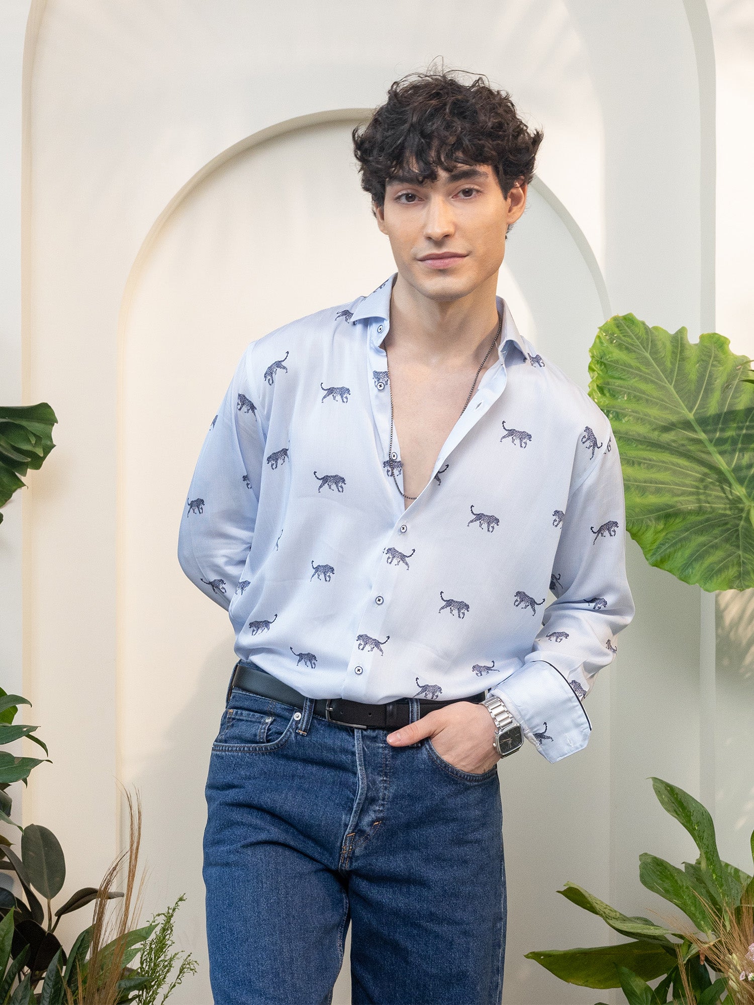 Light Blue Pinstripe Jaguar Motif Full Sleeve Shirt