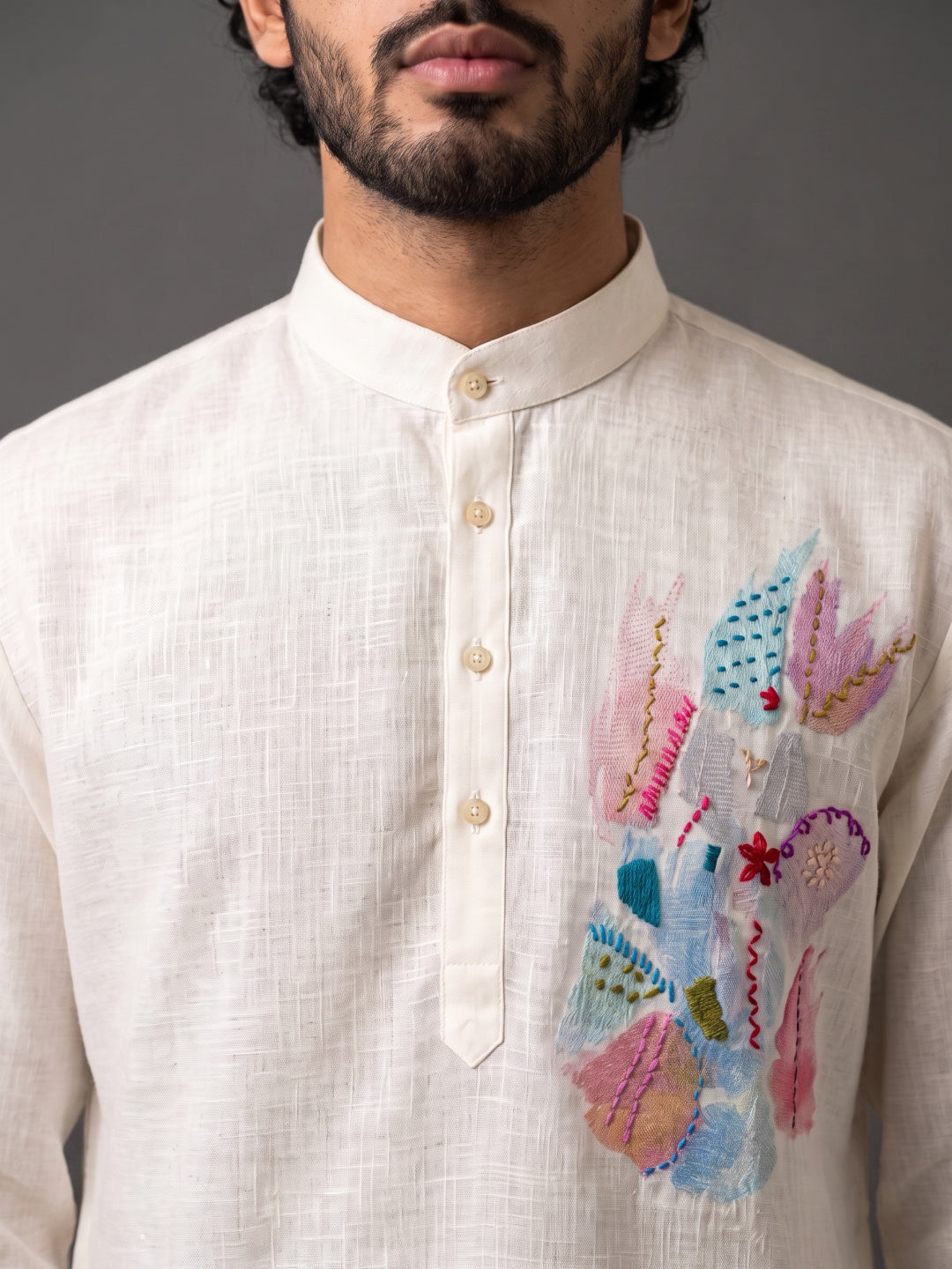 Cream Linen Regular Fit Shirt with Hand Print & Hand Work