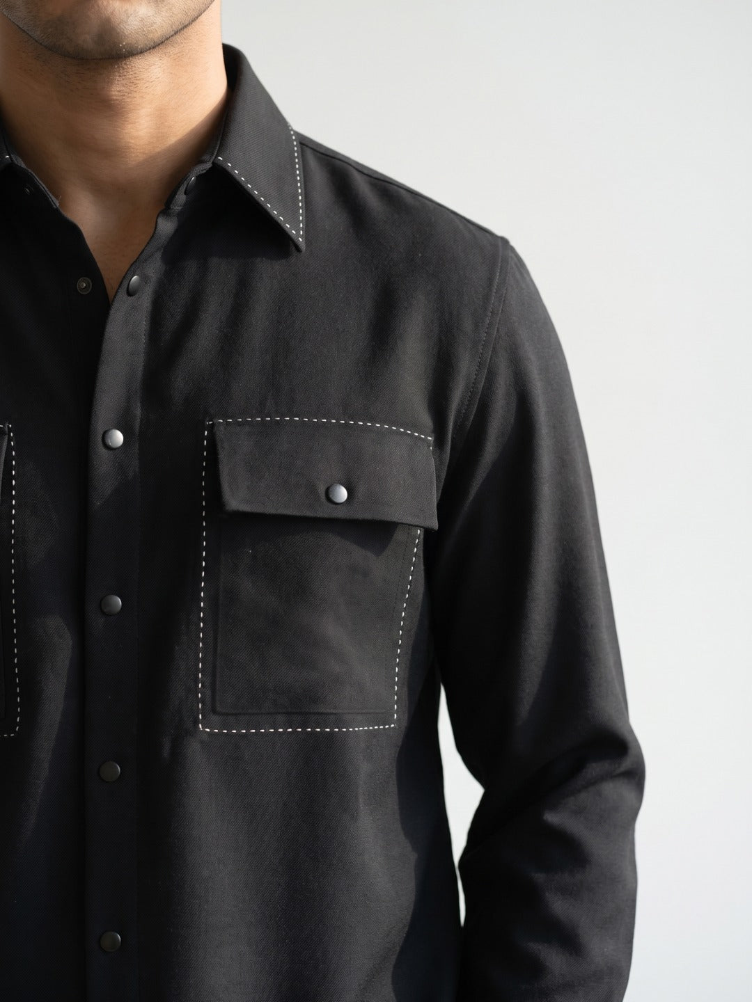 Black Crepe-Tejin Slim Fit Cut & Sew Shirt with Twin Flap Pockets