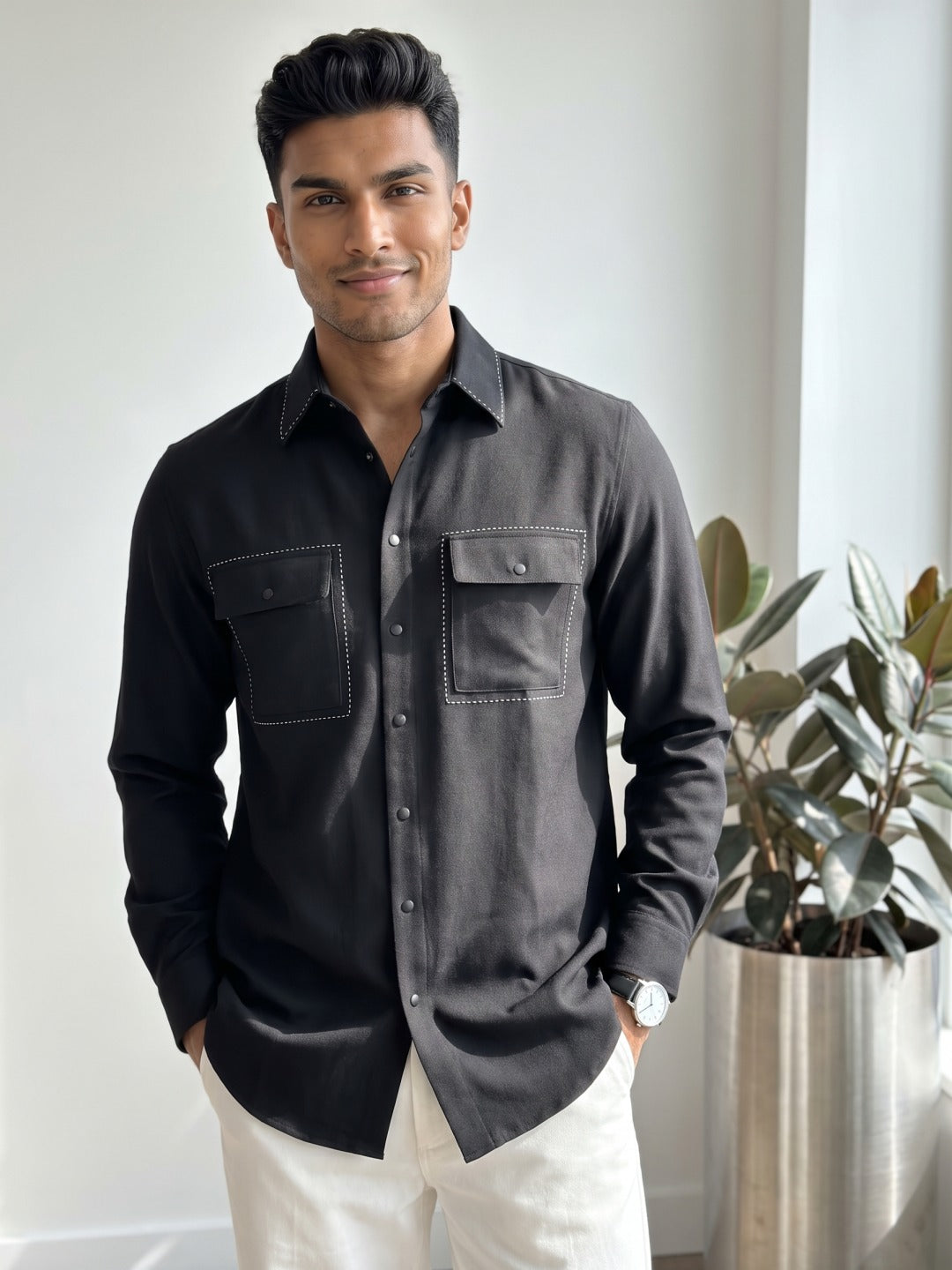 Black Crepe-Tejin Slim Fit Cut & Sew Shirt with Twin Flap Pockets