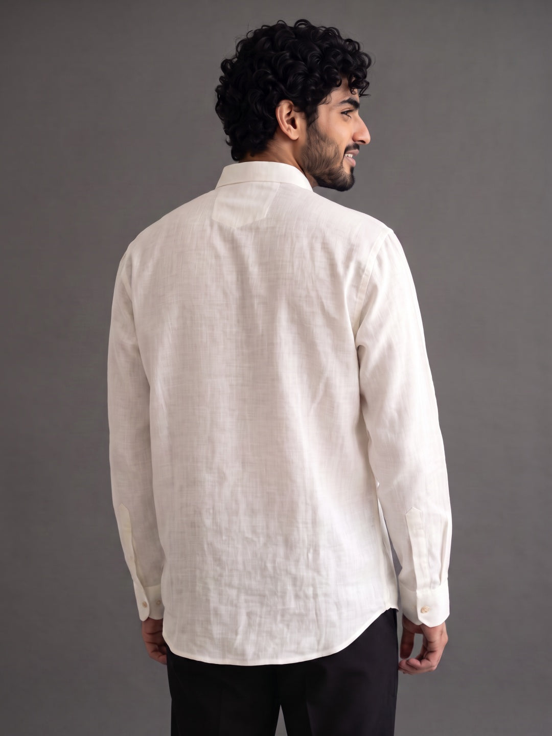Cream Linen Regular Fit Shirt with Hand Print & Hand Work