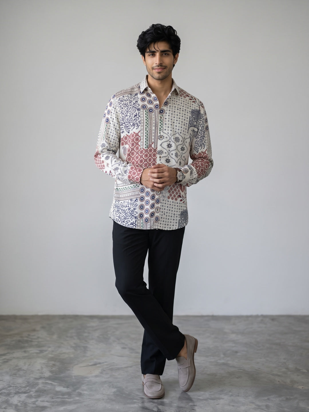 Light Lemon Patchwork Printed Tencel Slim Fit Shirt