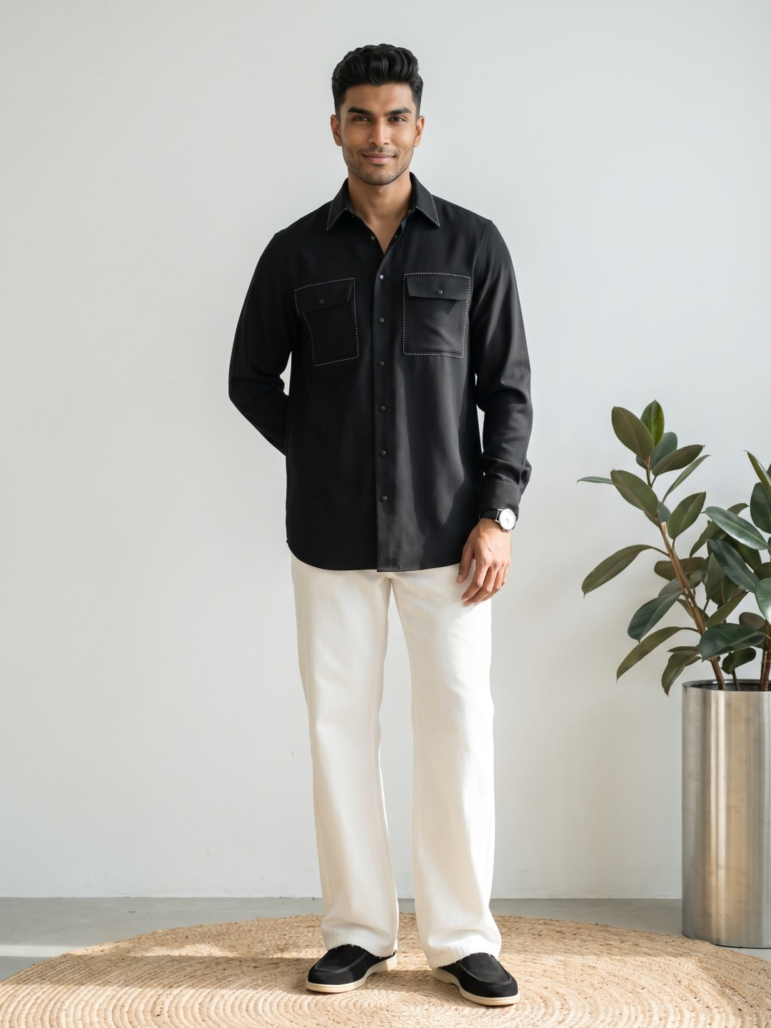 Black Crepe-Tejin Slim Fit Cut & Sew Shirt with Twin Flap Pockets