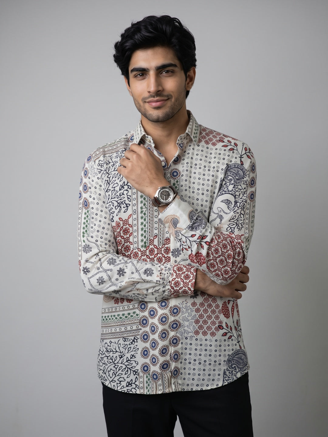 Light Lemon Patchwork Printed Tencel Slim Fit Shirt