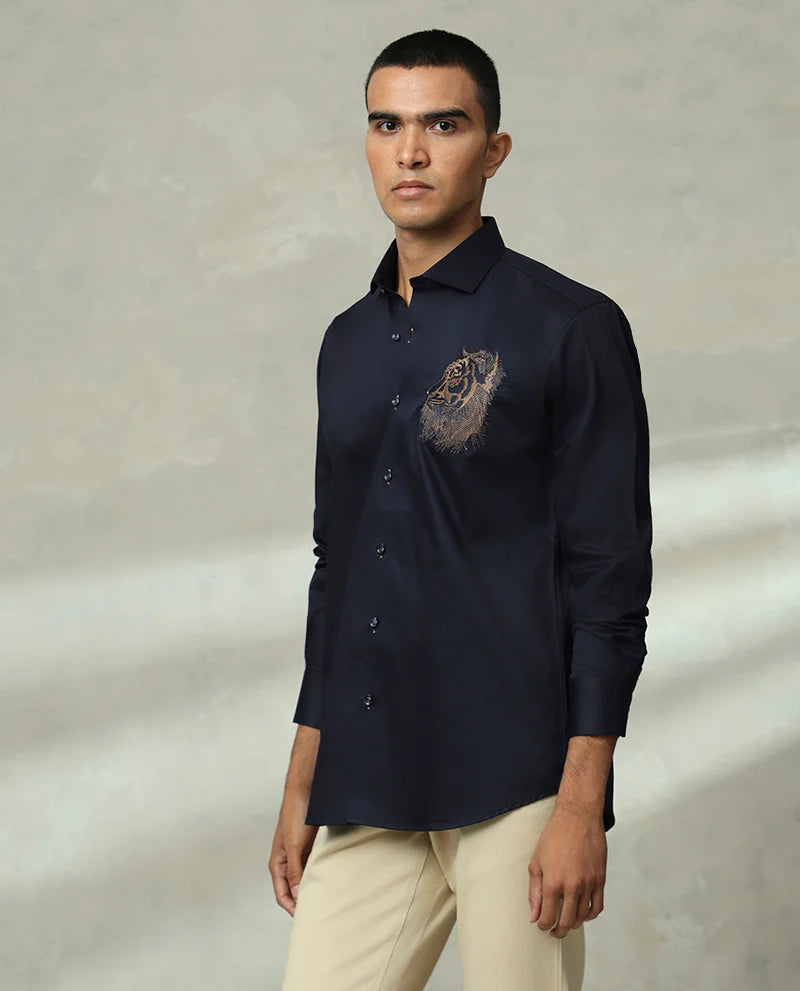 Navy Slim Fit Cutaway Embroidered Men Premium Cotton Shirt India