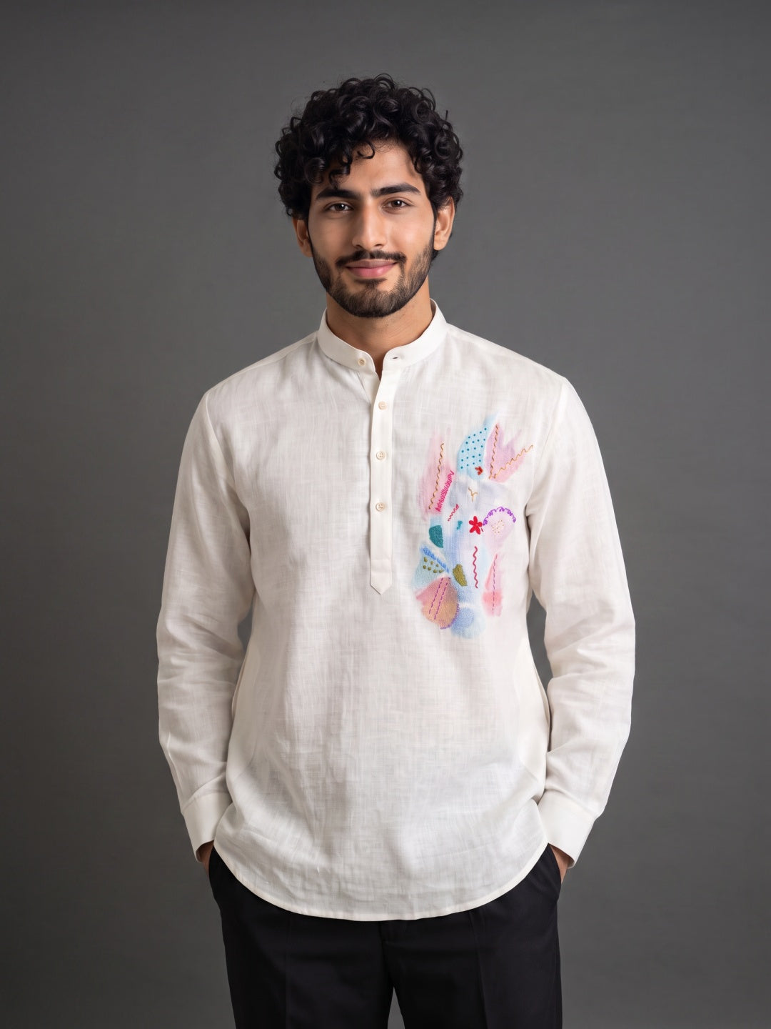 Cream Linen Regular Fit Shirt with Hand Print & Hand Work