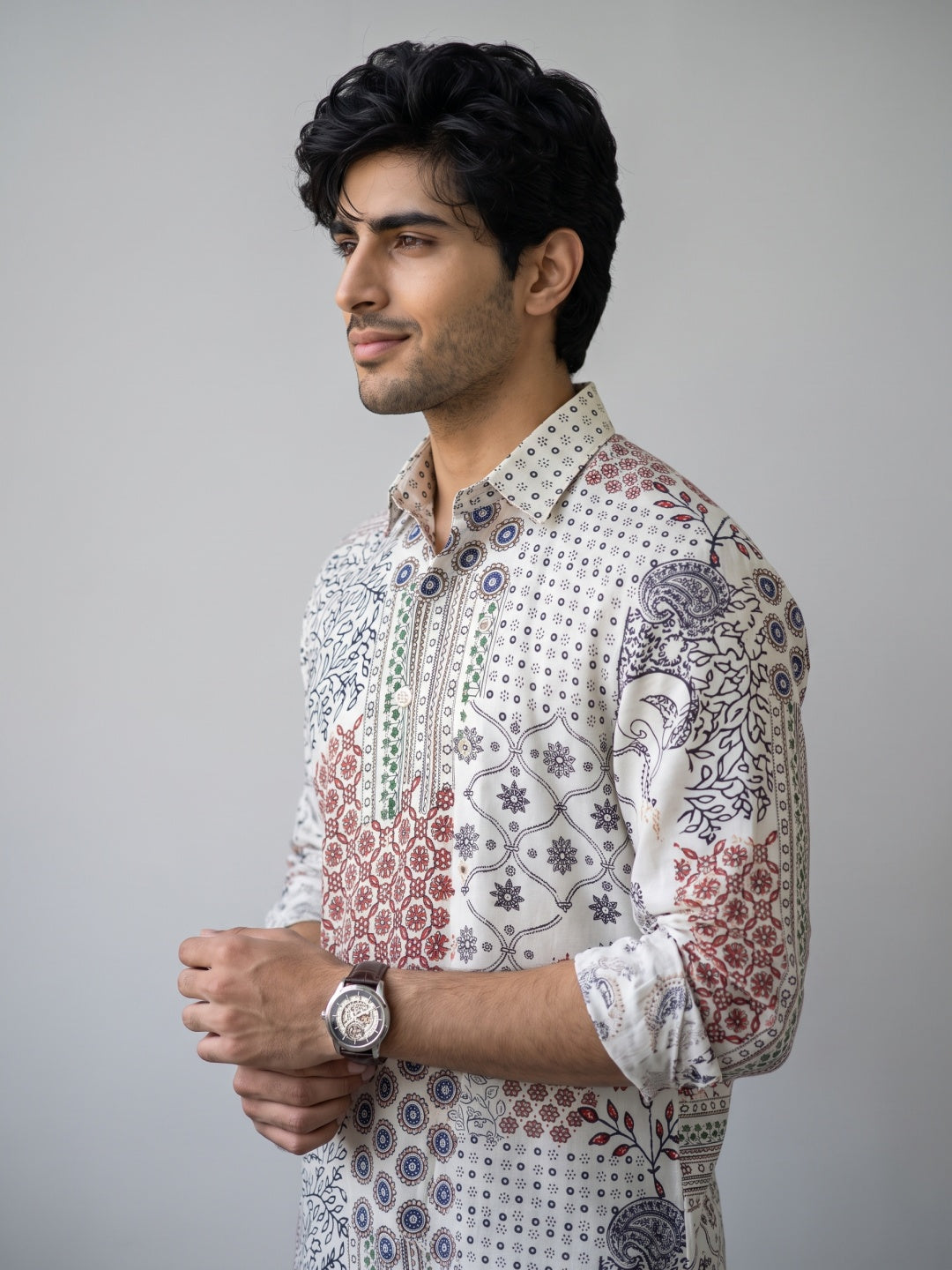 Light Lemon Patchwork Printed Tencel Slim Fit Shirt