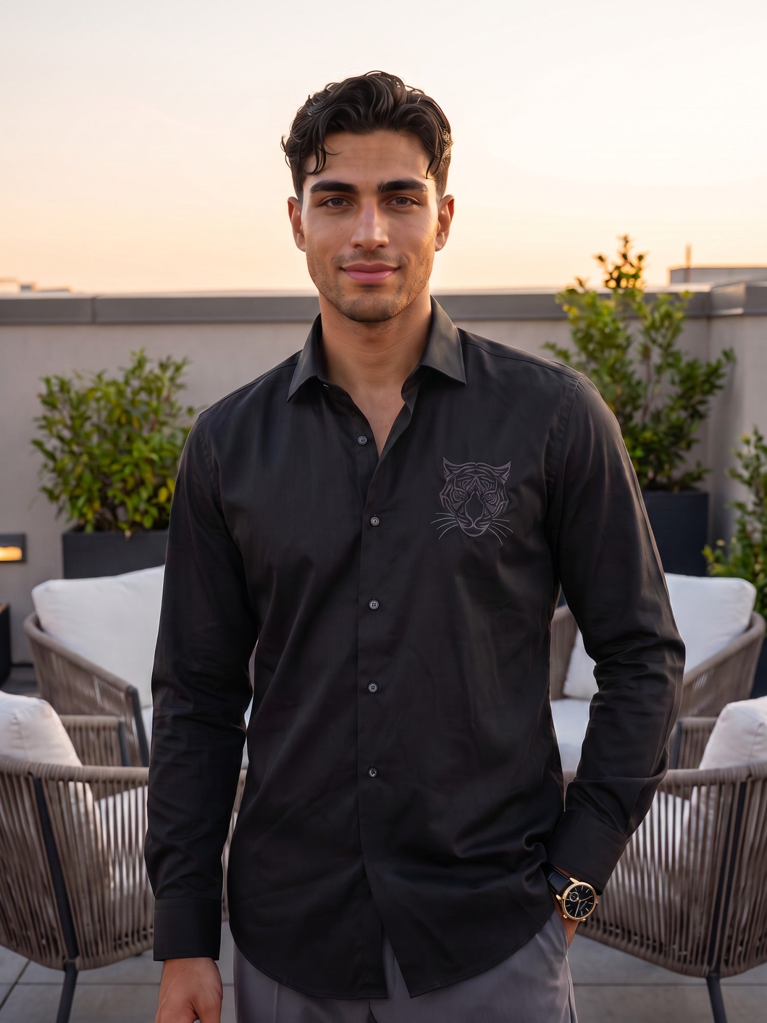 Black Tiger Embroidered Cotton Slim Fit Shirt For Men