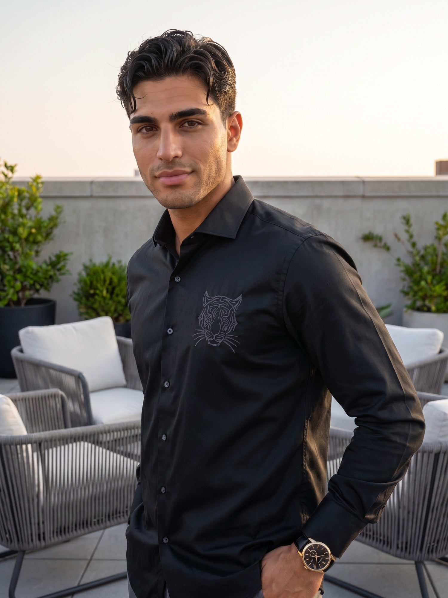 Black Tiger Embroidered Cotton Slim Fit Shirt For Men